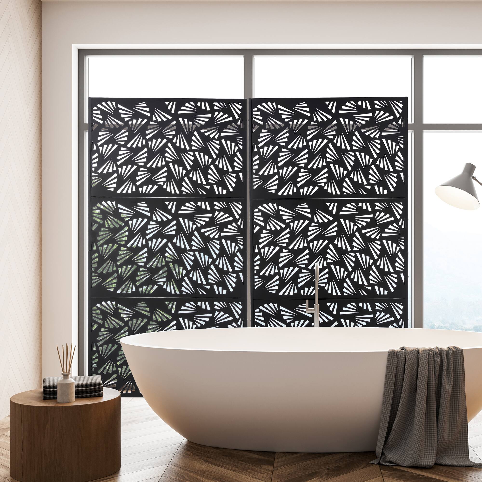 Glitzhome&#xAE; 6ft. Black Galvanized Steel Irregular Geometric Pattern Privacy Screen Fence Panel &#x26; Room Divider