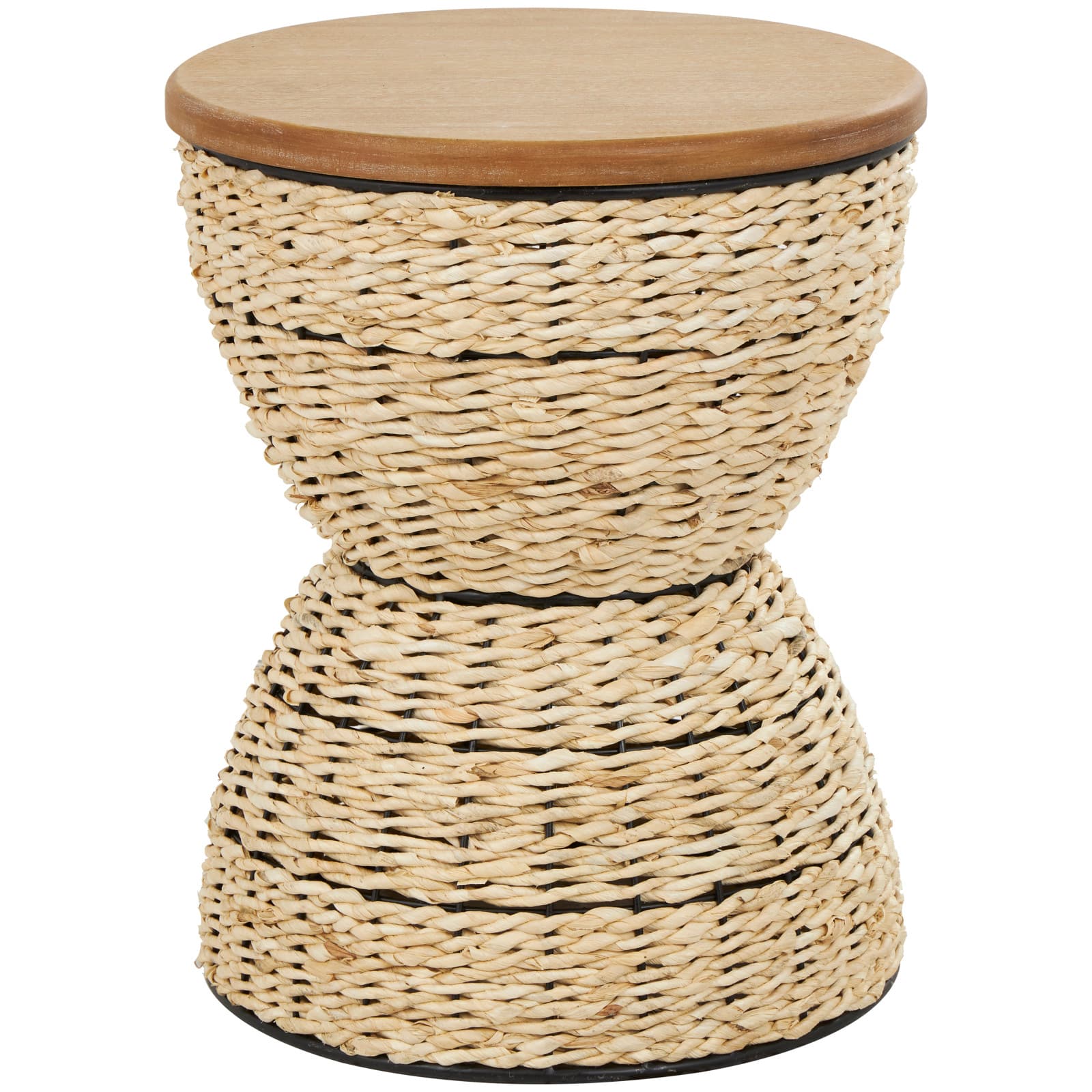 19" Rattan Woven Stool with Wood Tabletop and Black Frame