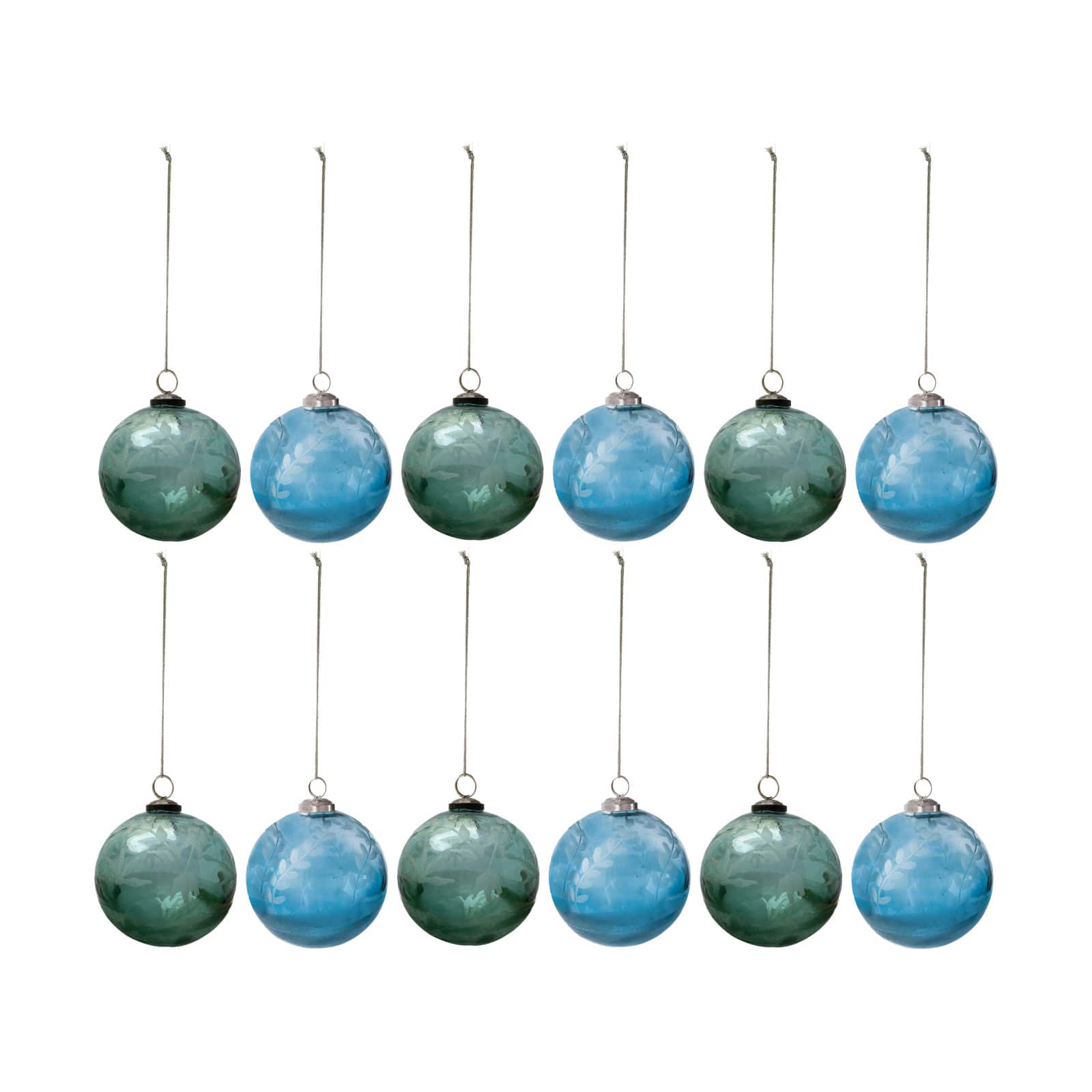 Hello Honey&#xAE; 12 Pack 3&#x22; Blue &#x26; Green Etched Leaves Ball Glass Ornaments