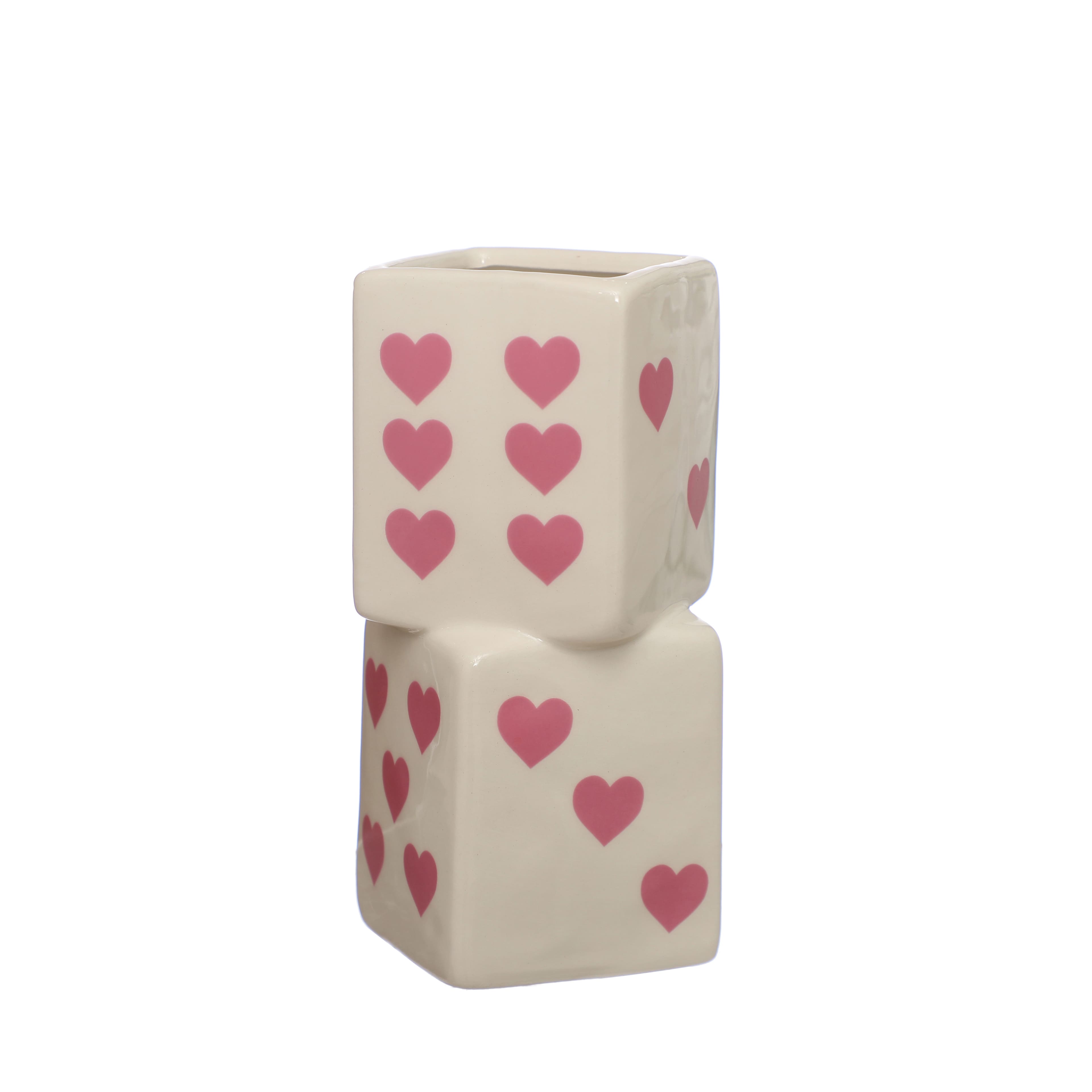 6.25&#x22; White &#x26; Pink Heart Ceramic Dice Vase by Ashland&#xAE;