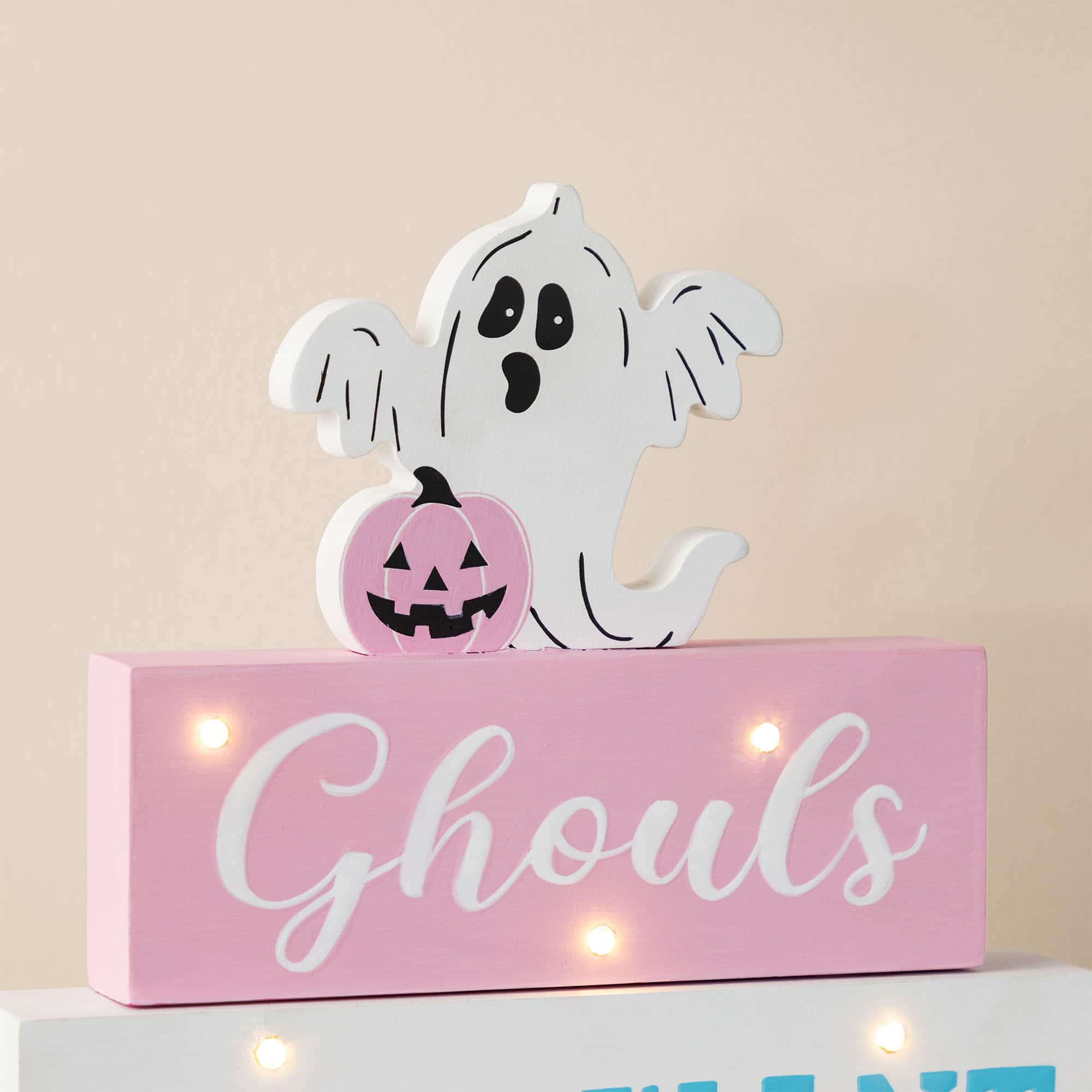 Glitzhome&#xAE; 11.75&#x22;H Halloween Lighted Pink Wooden Ghost Block Word Sign