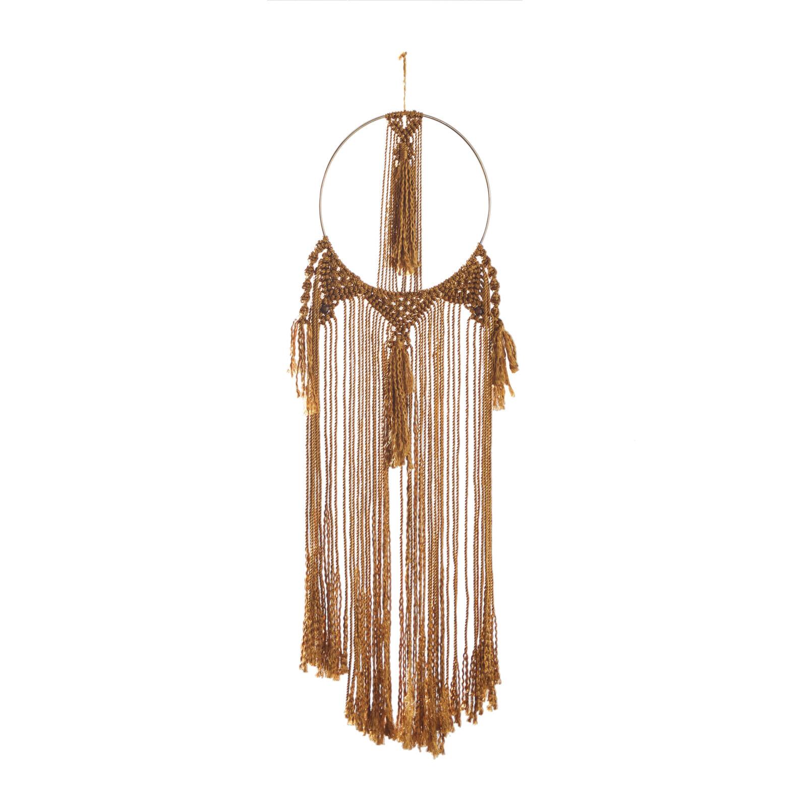 Brown Fabric Intricately Weaved Macrame Wall Decor with Beaded Fringe Tassels 10&#x22; x 1&#x22; x 38&#x22;