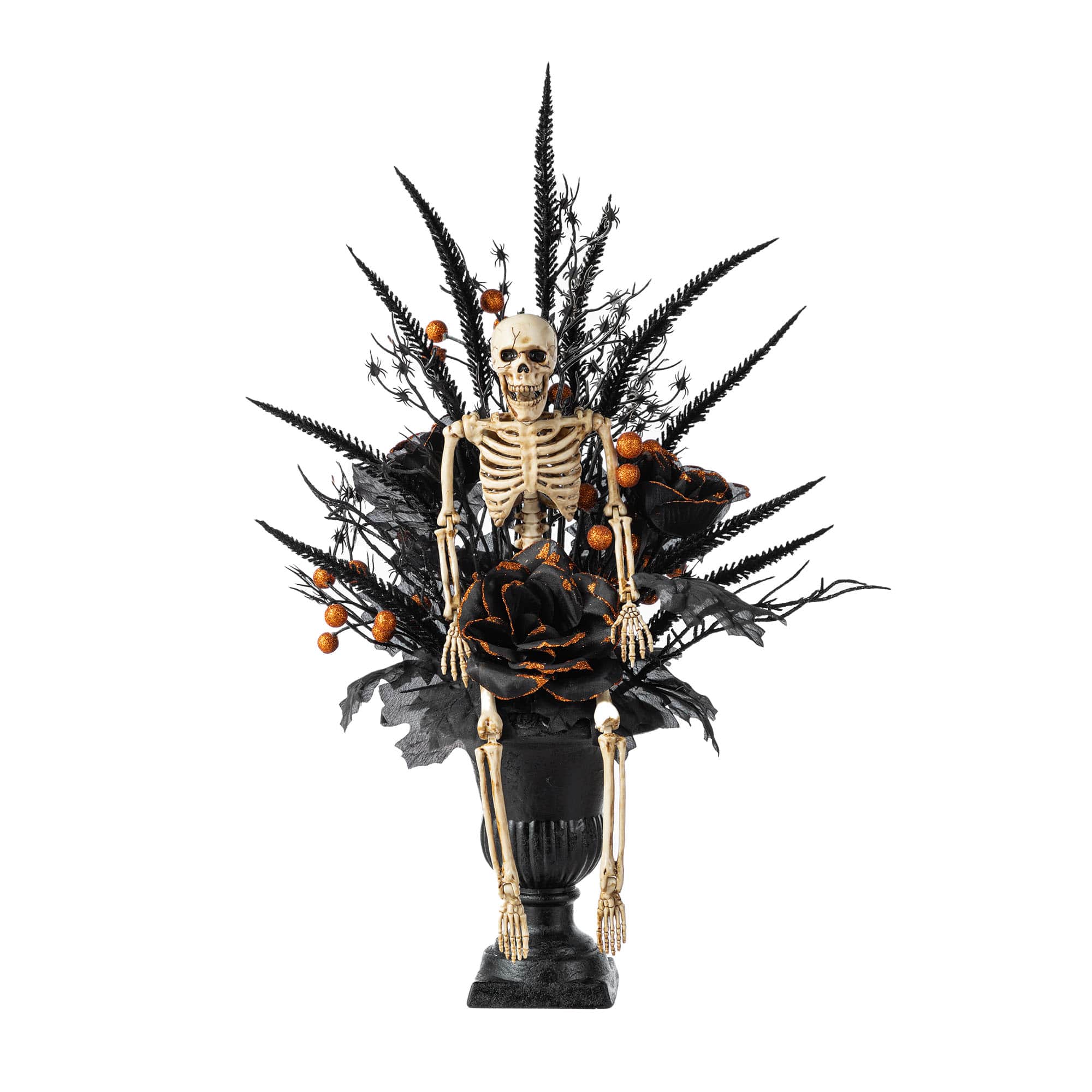 Glitzhome® 22"H Halloween Black Rose, Skeleton and Berry Urn Table Tree