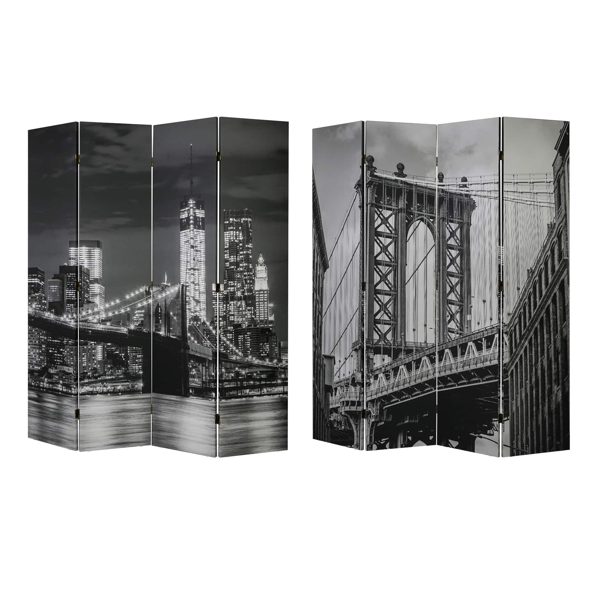 American Art Decor&#x2122; 6ft. Double-Sided 4-Panel Black and White Brooklyn Bridge, Manhattan Bridge Photo Canvas Privacy Screen