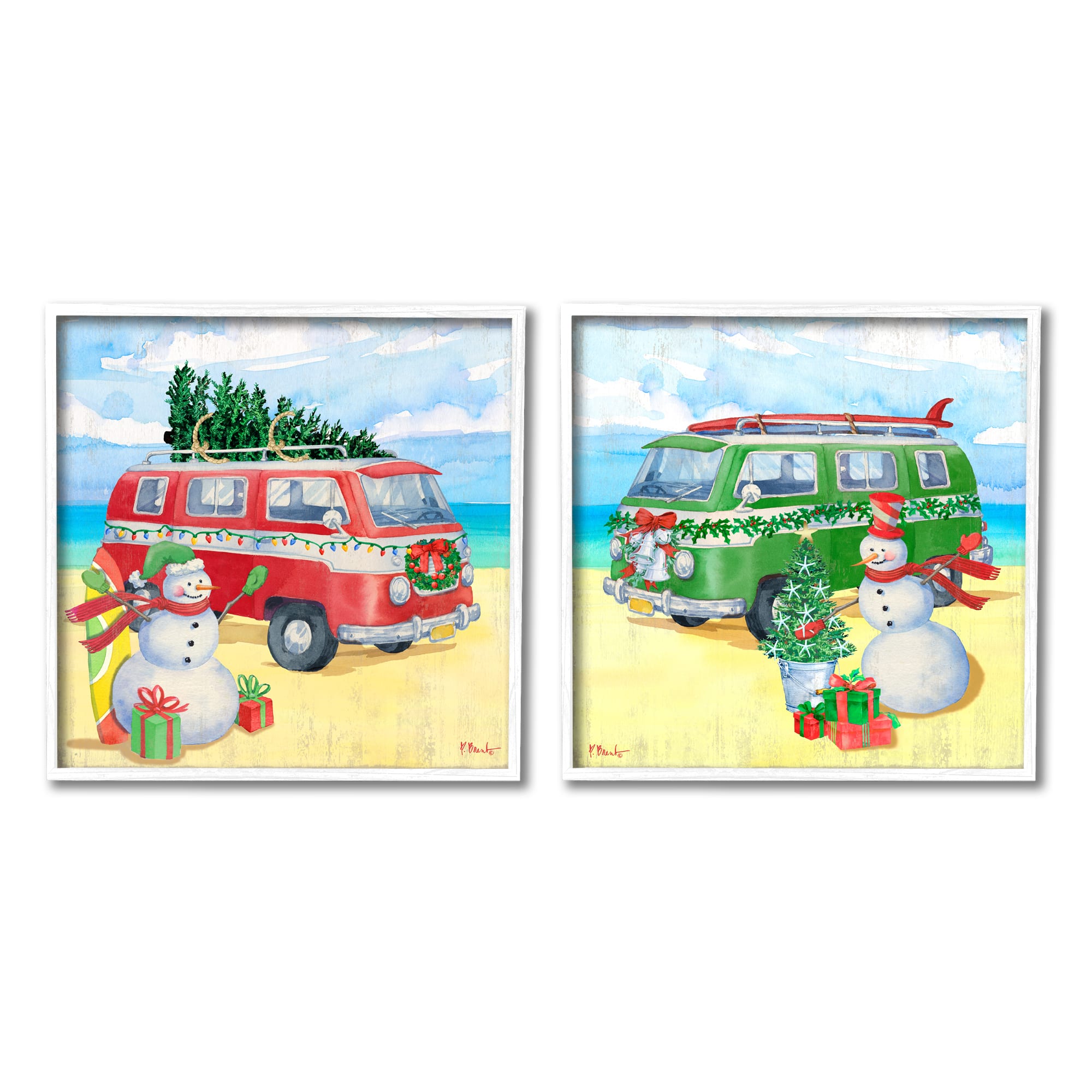 Stupell Industries Coastal Christmas Holiday Beach Snowmen 2 Piece Framed Giclee Art Set