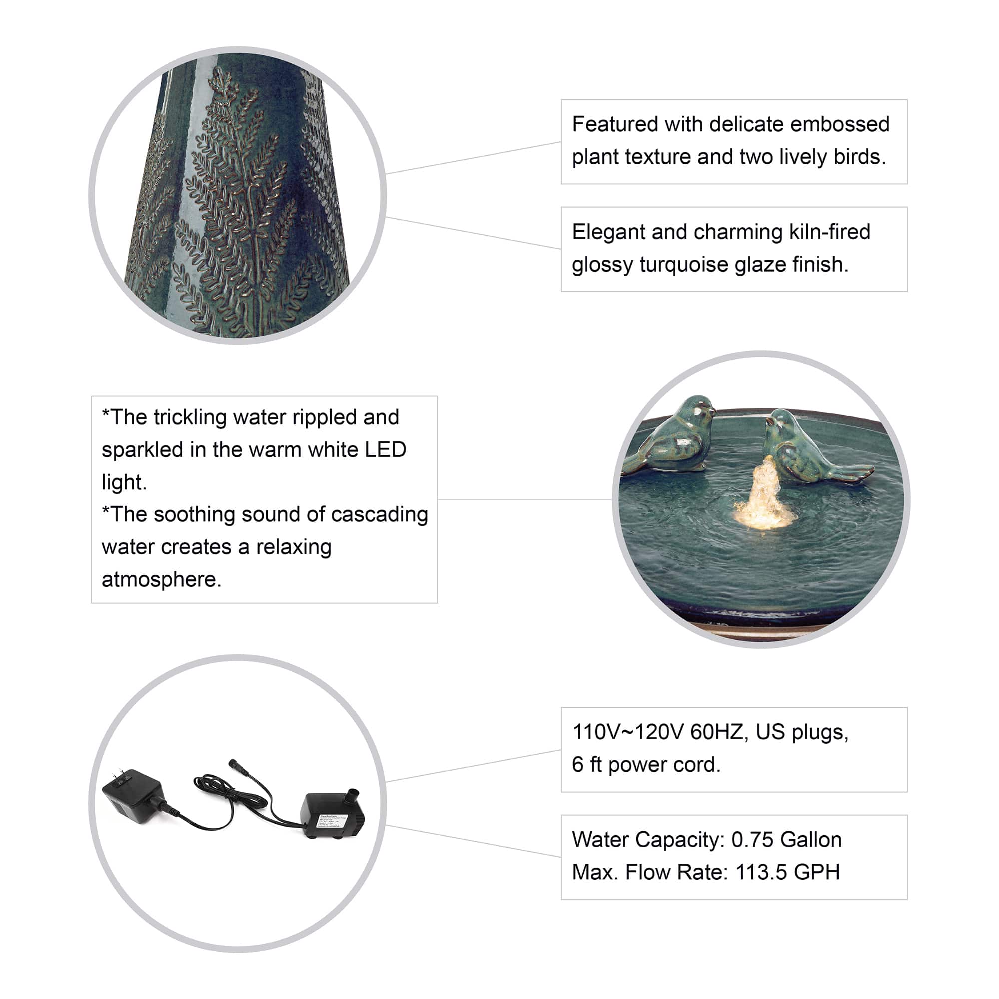 Glitzhome® 27.5" LED Bird Pedestal Ceramic Fountain