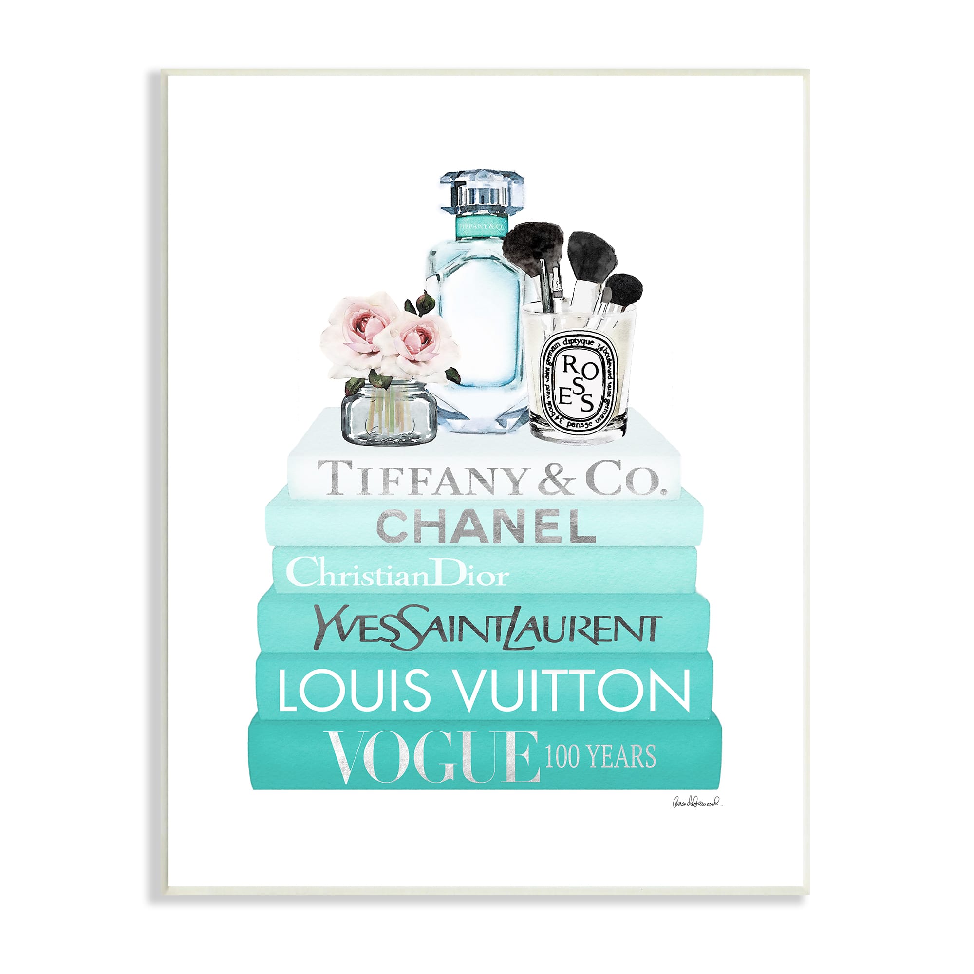 Stupell Industries Glam Fashion Cosmetics Soft Roses Blue Bookstack Wall Plaque