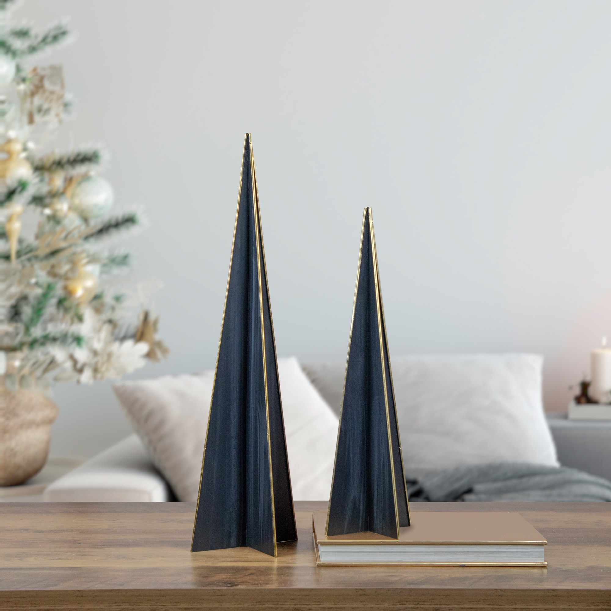 20&#x22; Blue &#x26; Gold Triangular Christmas Tree Tabletop D&#xE9;cor