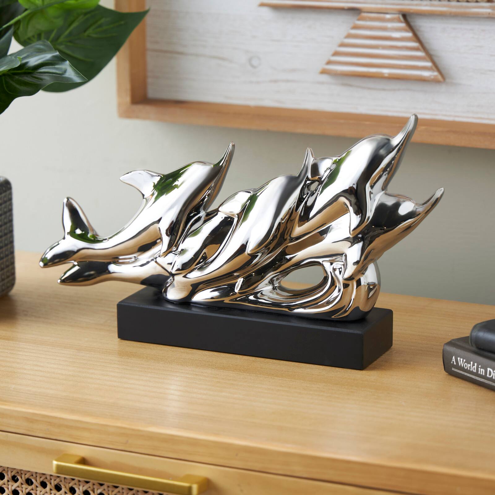 15.5&#x22; Silver Ceramic Dolphin Sculpture with Black Block Base