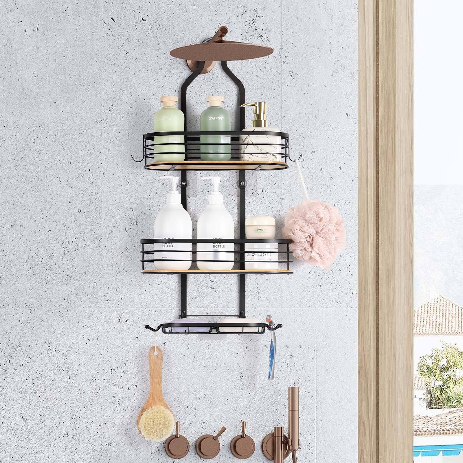 NEX&#x2122; Black Stainless Steel &#x26; Bamboo Hanging Caddy Shower Organizer with Hooks