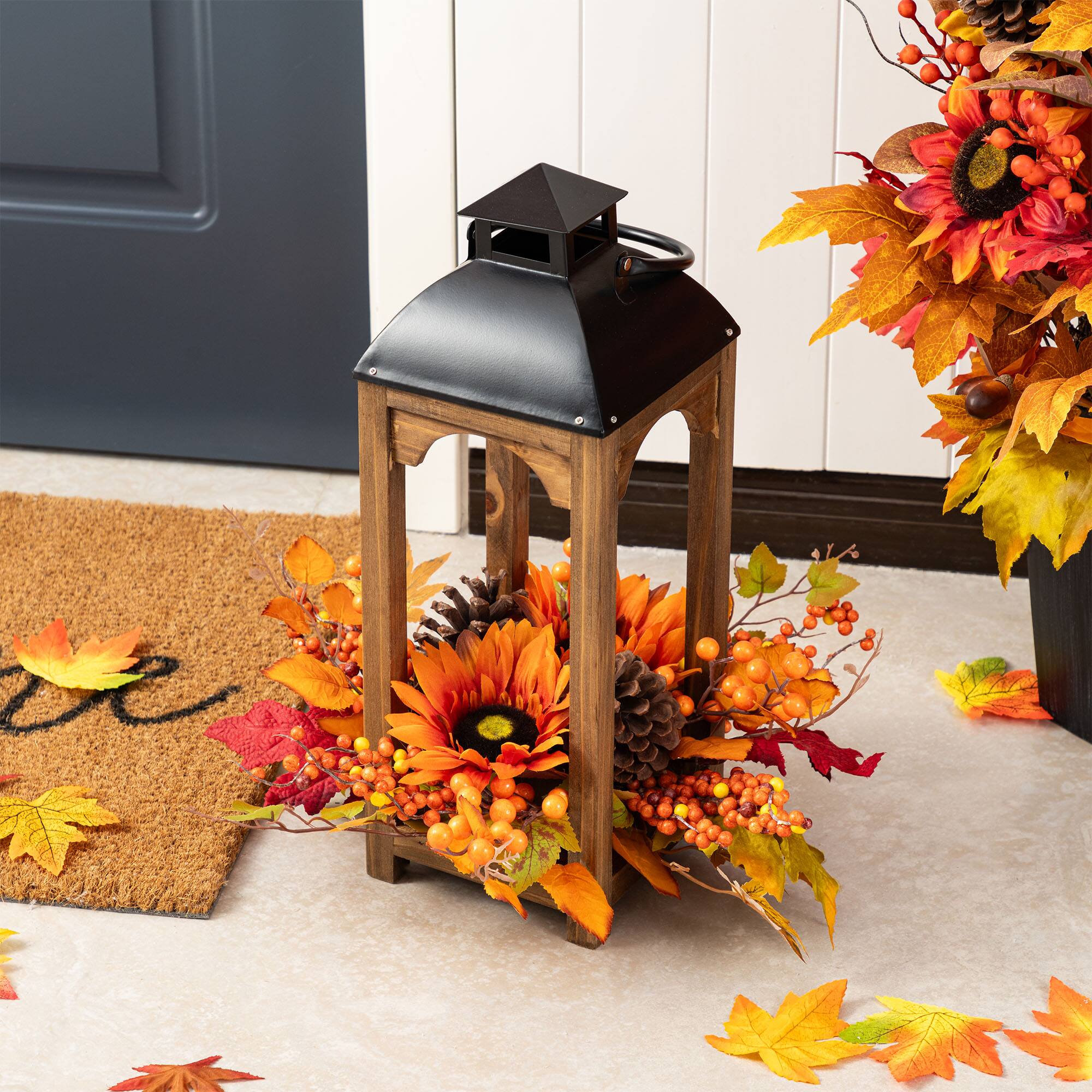 Glitzhome&#xAE; 20&#x22; Fall Sunflower, Pinecone and Berry Wood Lantern Centerpiece