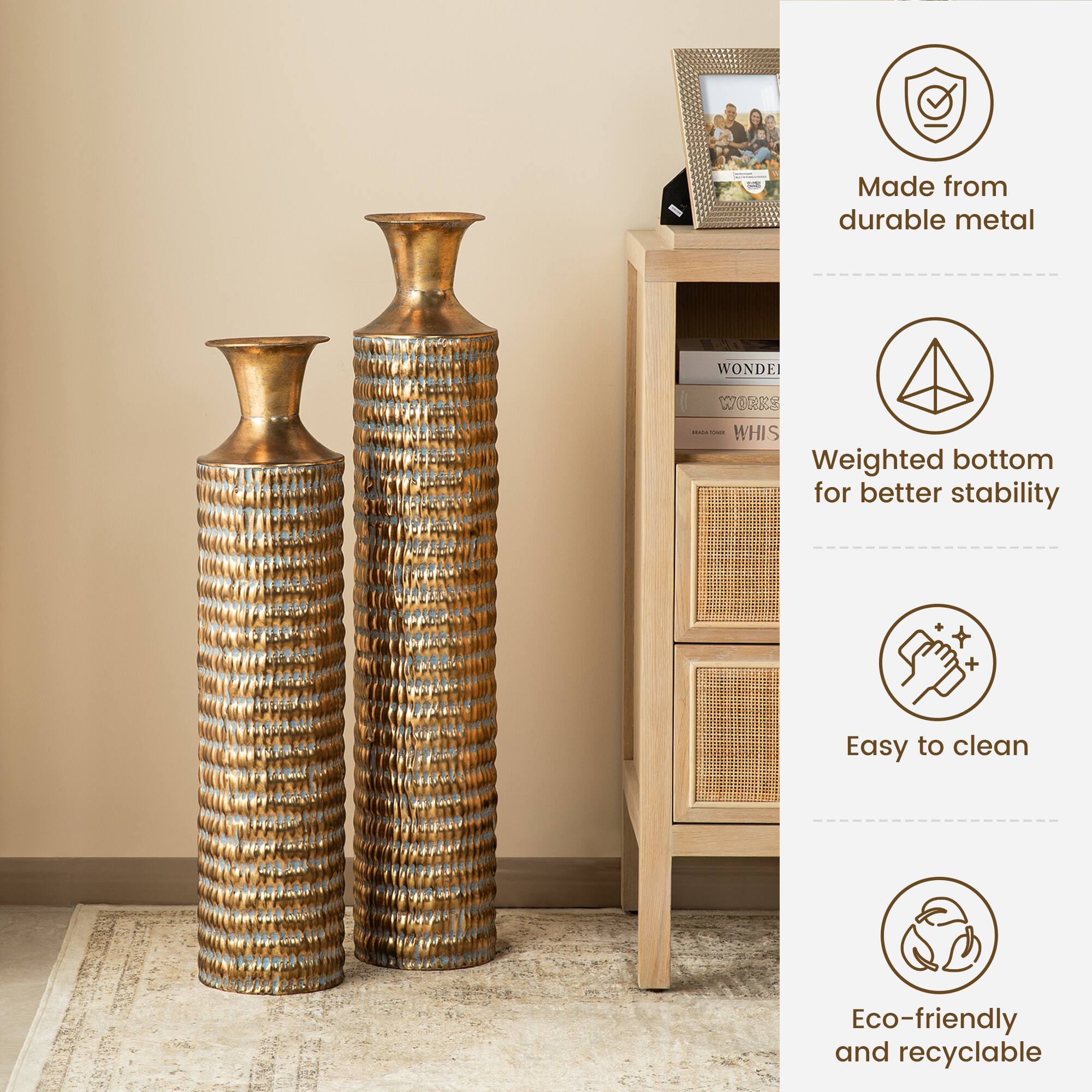 Glitzhome&#xAE;  Gold Embossed Verdigris Metal Floor Vases Set