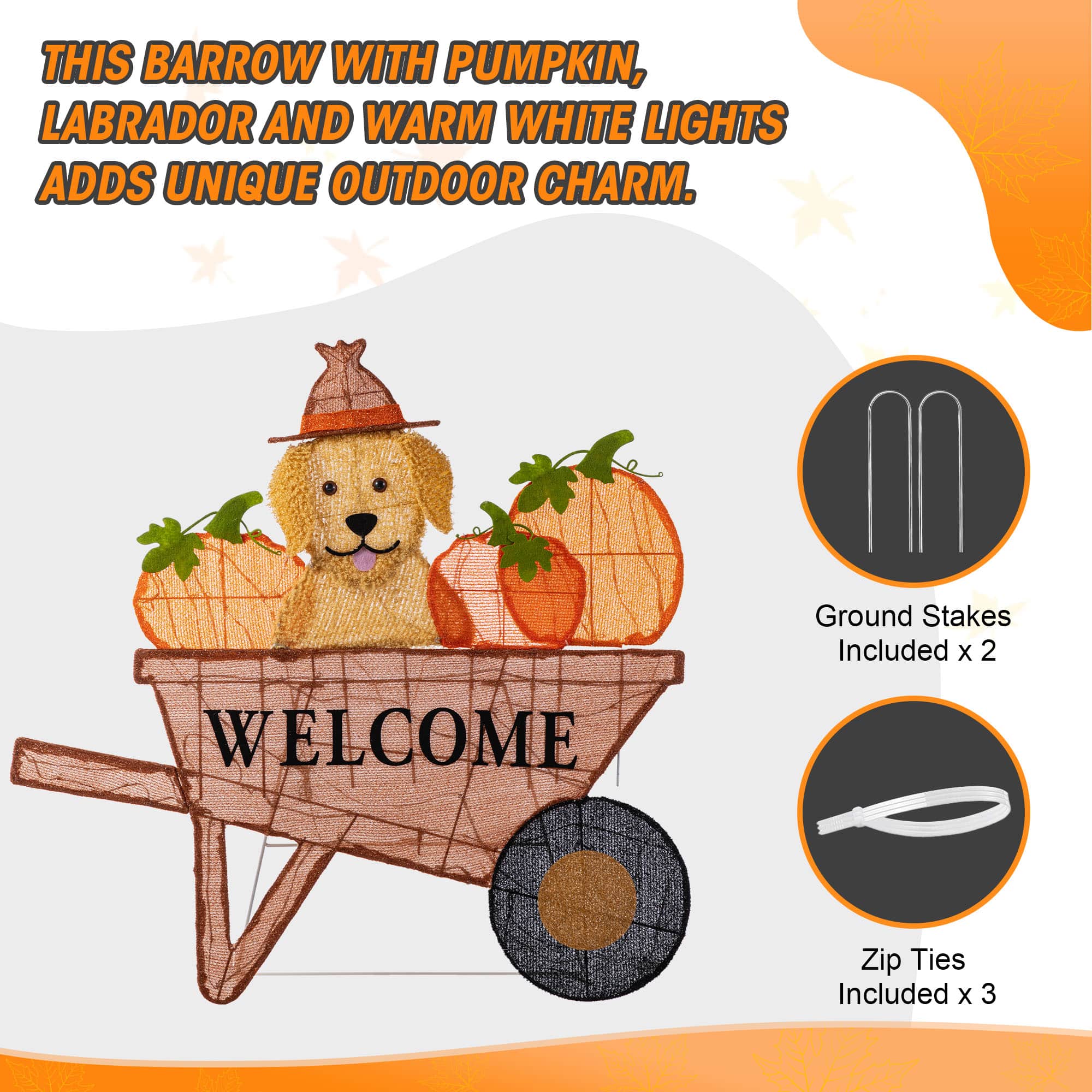 Glitzhome&#xAE; 36.25&#x22; Lighted Fall Pumpkin Wheel Barrow Outdoor Decor with Warm White LED Lights