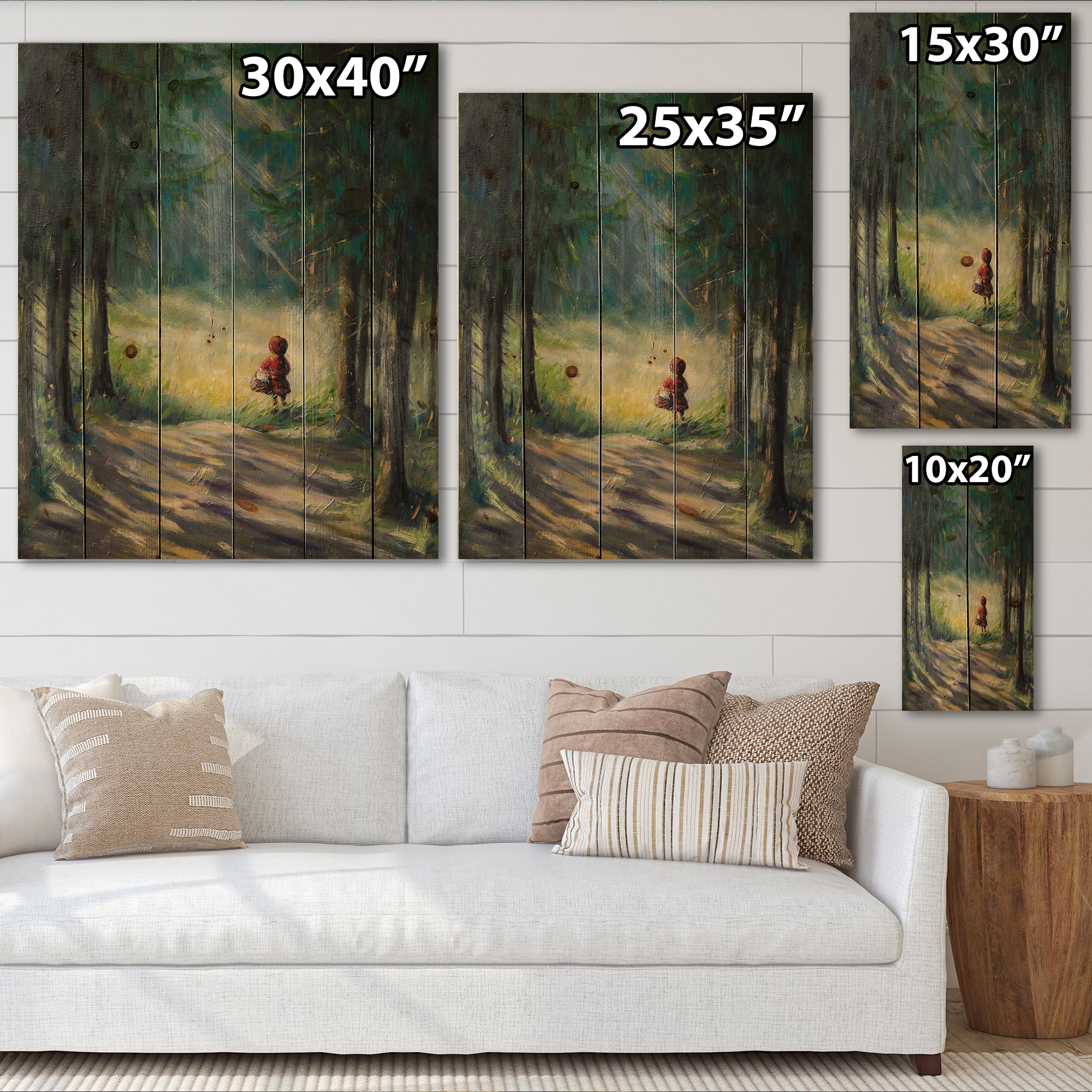 Designart - Little Red Riding Hood In The Woods - Traditional Print on Natural Pine Wood