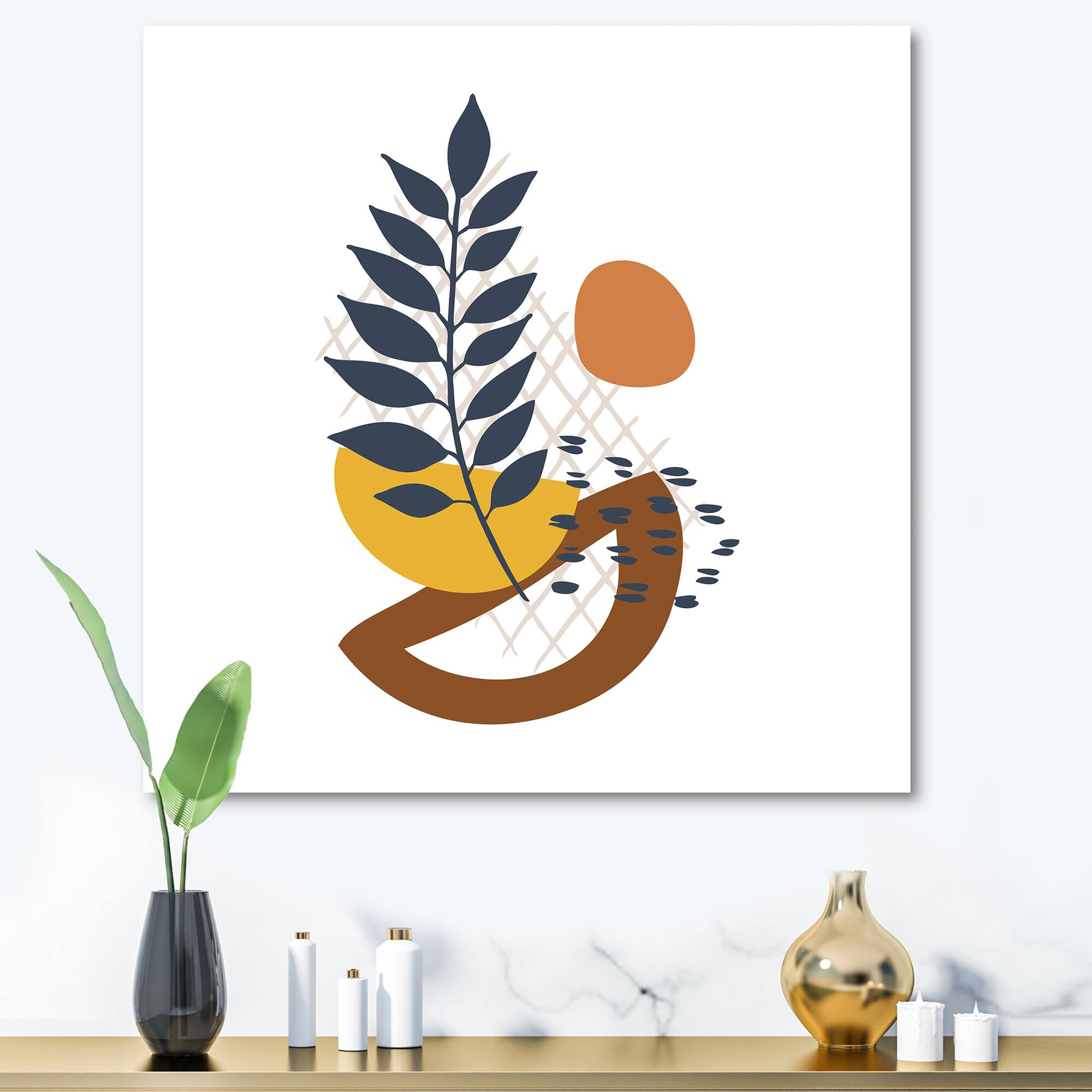 Designart - Elementary Shapes With Abstract Leaves - Modern Canvas Wall Art Print