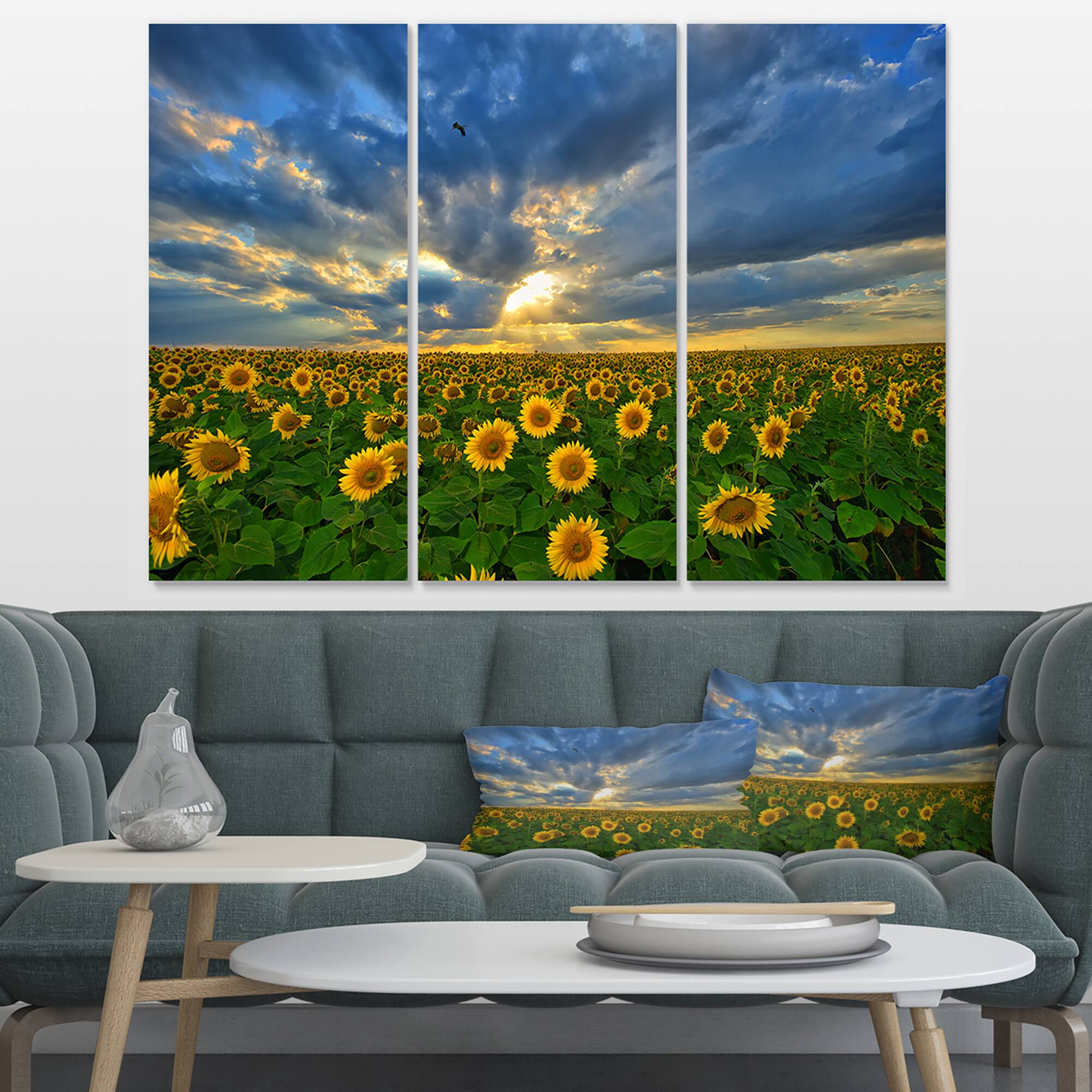 Designart - Beauty Sunset over Sunflowers - Landscape Canvas Art Print
