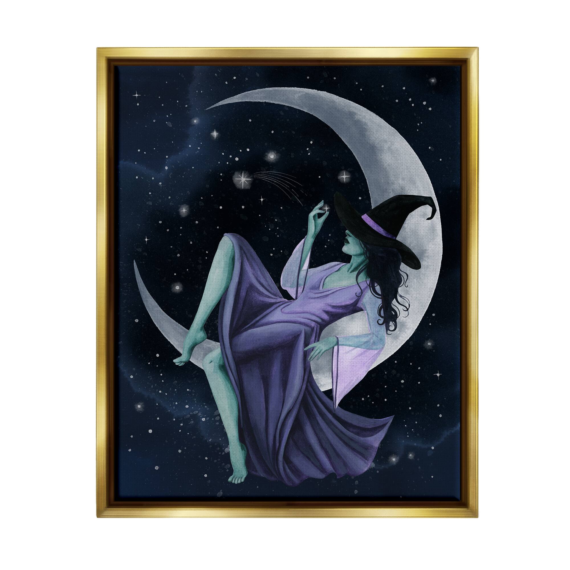 Stupell Industries Witch Relaxing Crescent Moon Framed Floater Canvas Wall Art