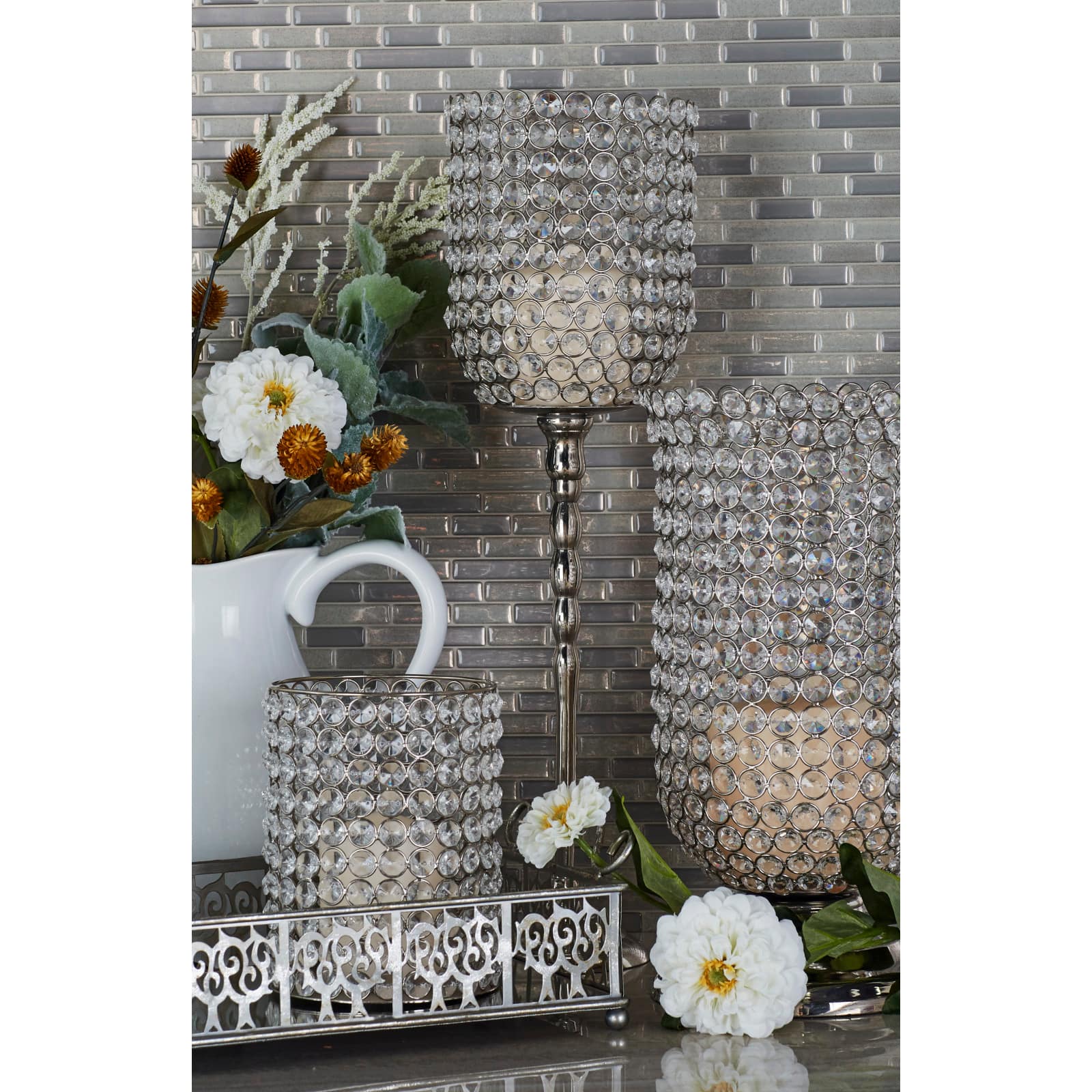 Clear Aluminum and Crystal Glam Candle Holder, 19&#x22; x 6&#x22; x 6&#x22;