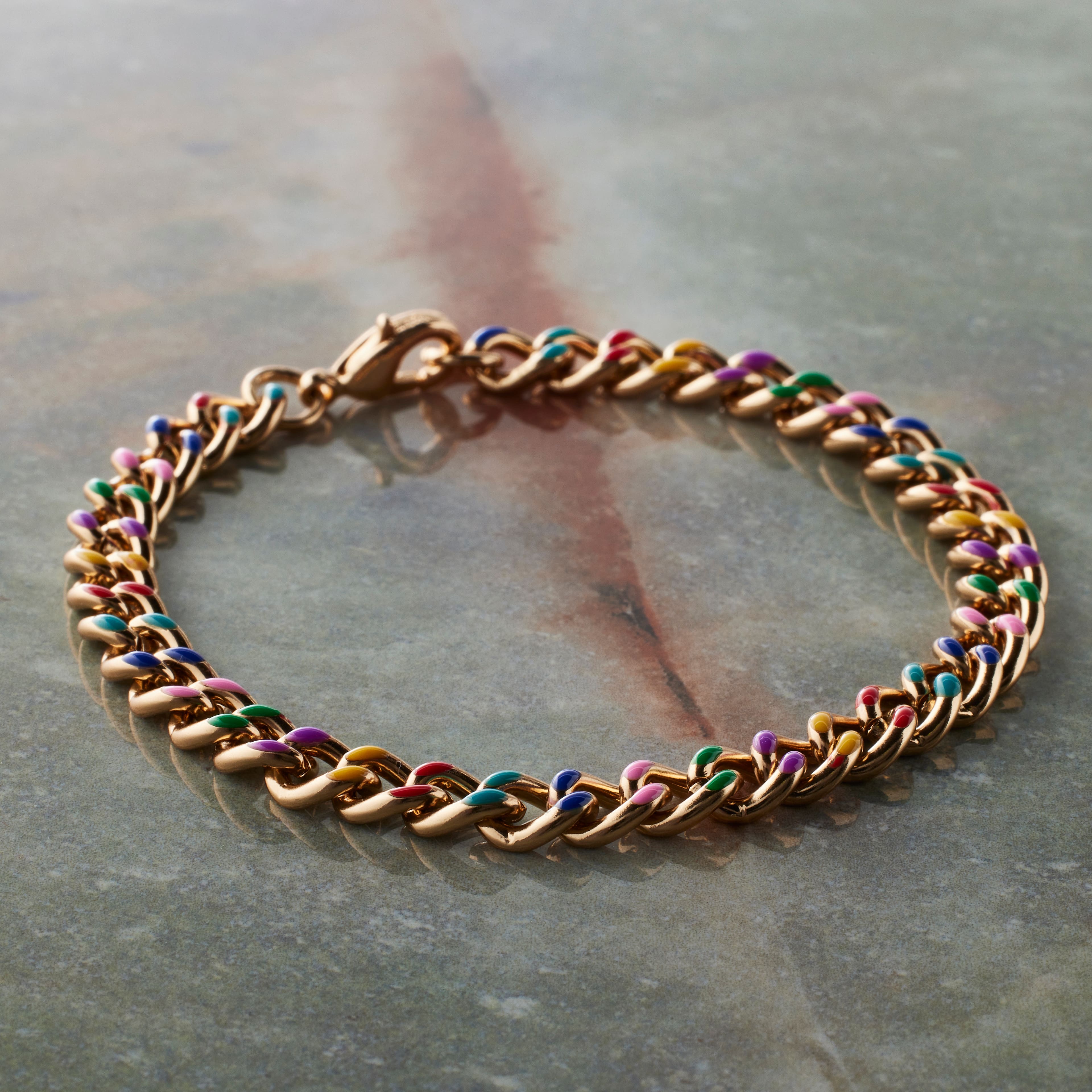 7.5&#x22; Rainbow &#x26; Gold Enamel Curb Charm Bracelet by Bead Landing&#x2122;