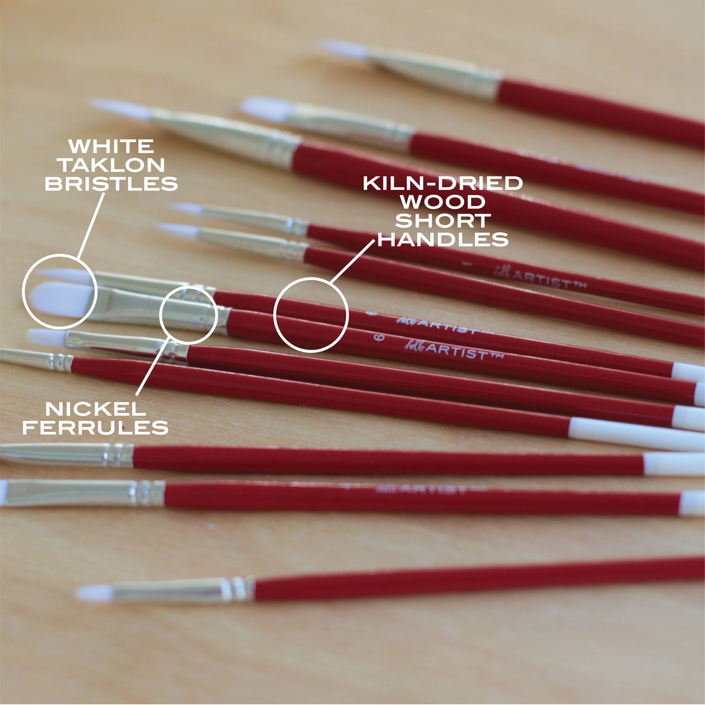 Hello, Artist! Short Handle White Taklon 12 Piece Brush Set