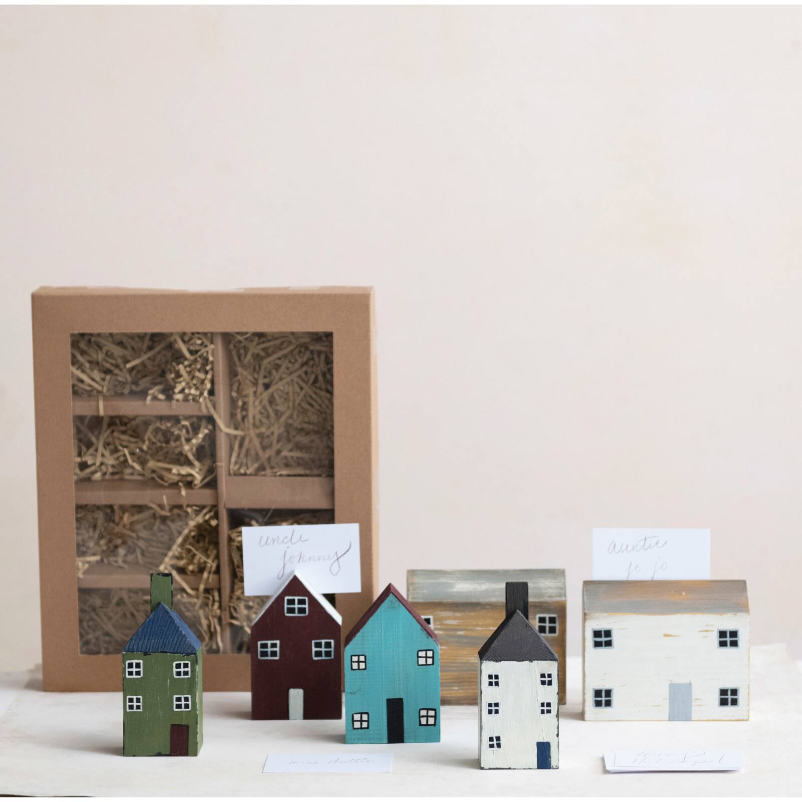 Hello Honey&#xAE; Hand-Painted Pine Wood House Place Card/Photo Holders with Cards