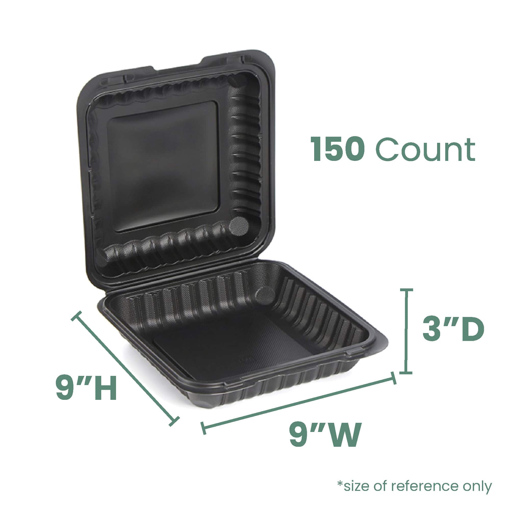 9" Black Single-Compartment Clamshell Take Out Containers, 150ct.