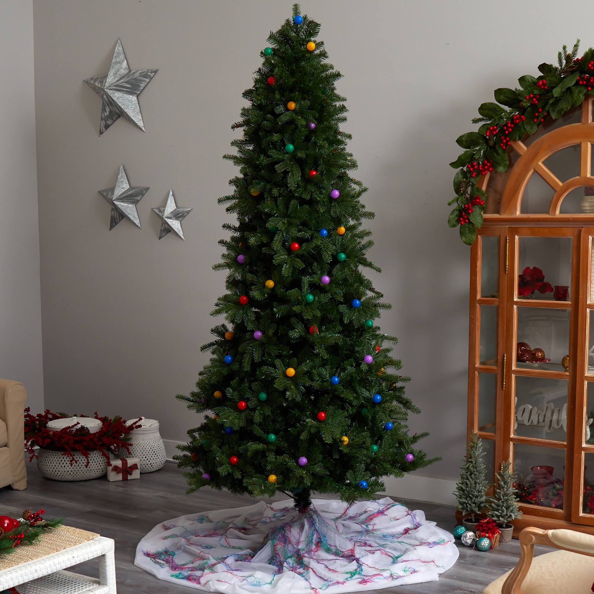 8.5ft. Pre-Lit Montana Mountain Fir Artificial Christmas Tree, Multicolor LED Lights &#x26; Globe Bulbs