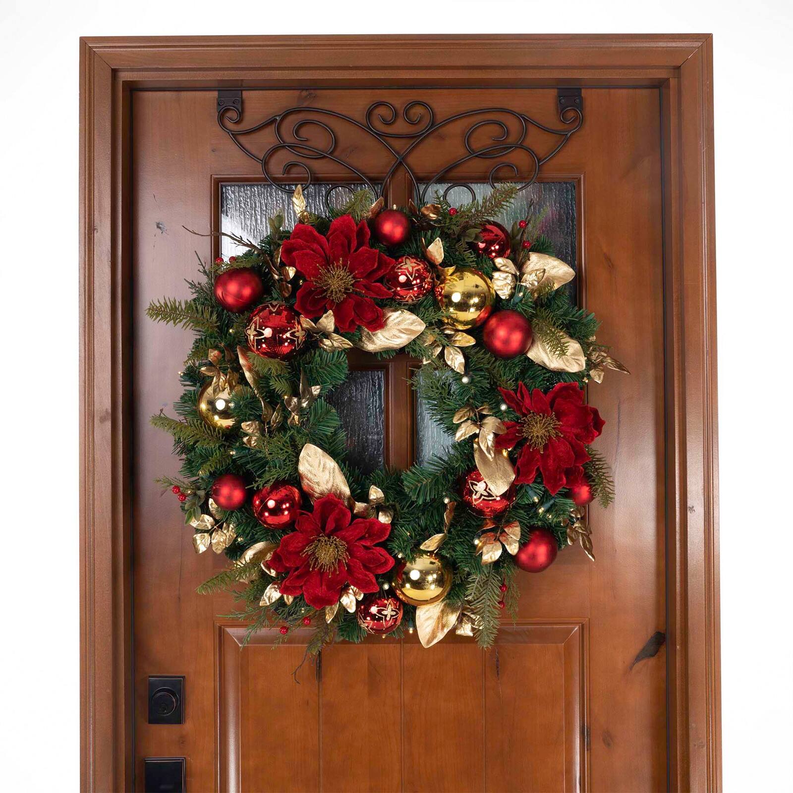 30" LED Golden Leaf Red Magnolia Christmas Wreath