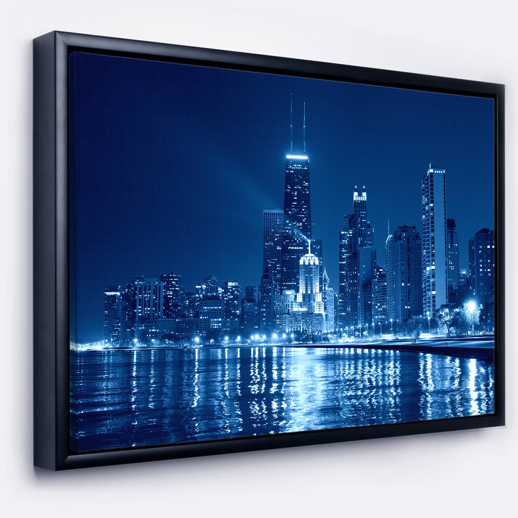 Designart - Blue Chicago Skyline Night - Cityscape Photo Framed Canvas Print