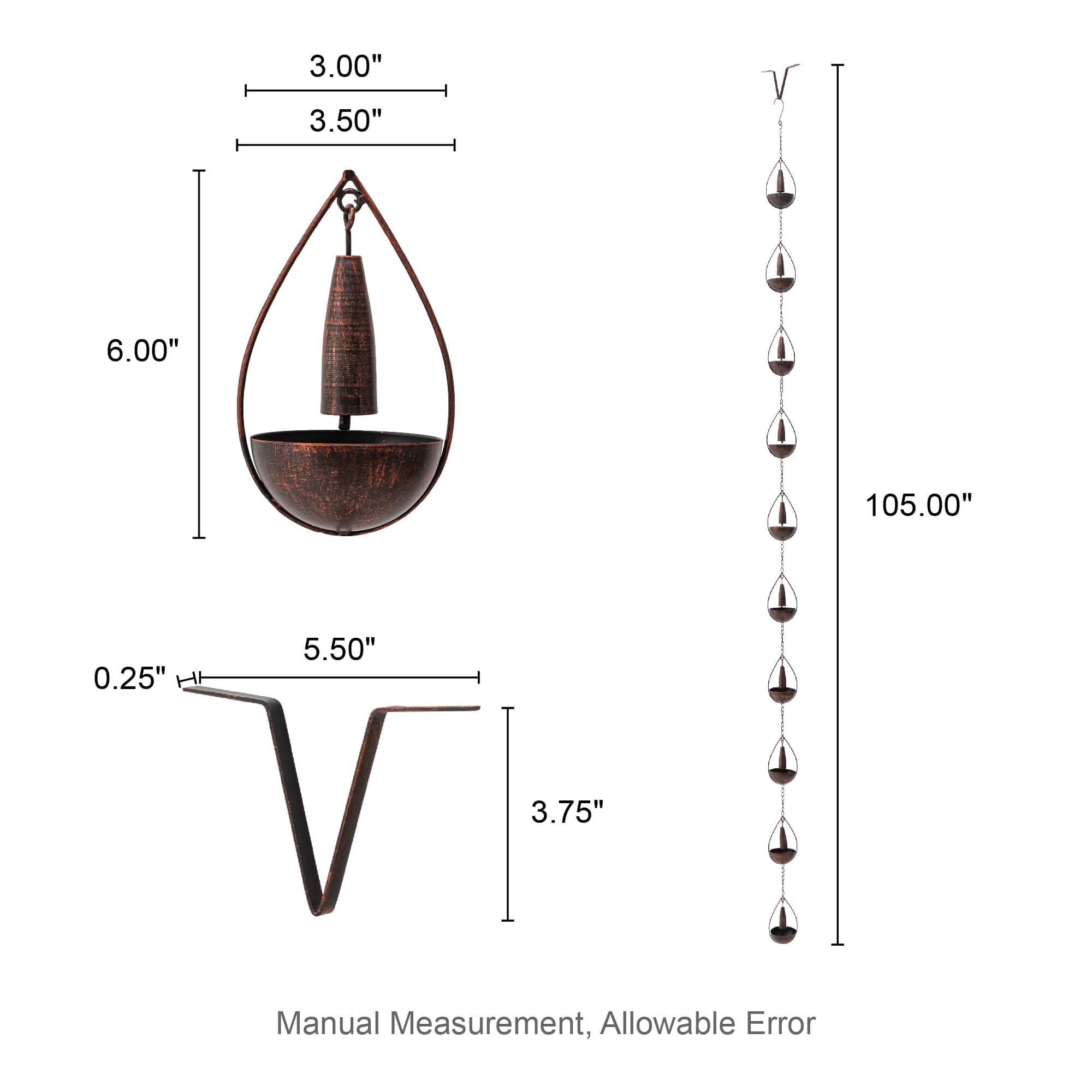 Glitzhome&#xAE; 8.5ft. Copper Bowl &#x26; Bell Shaped Rain Chain