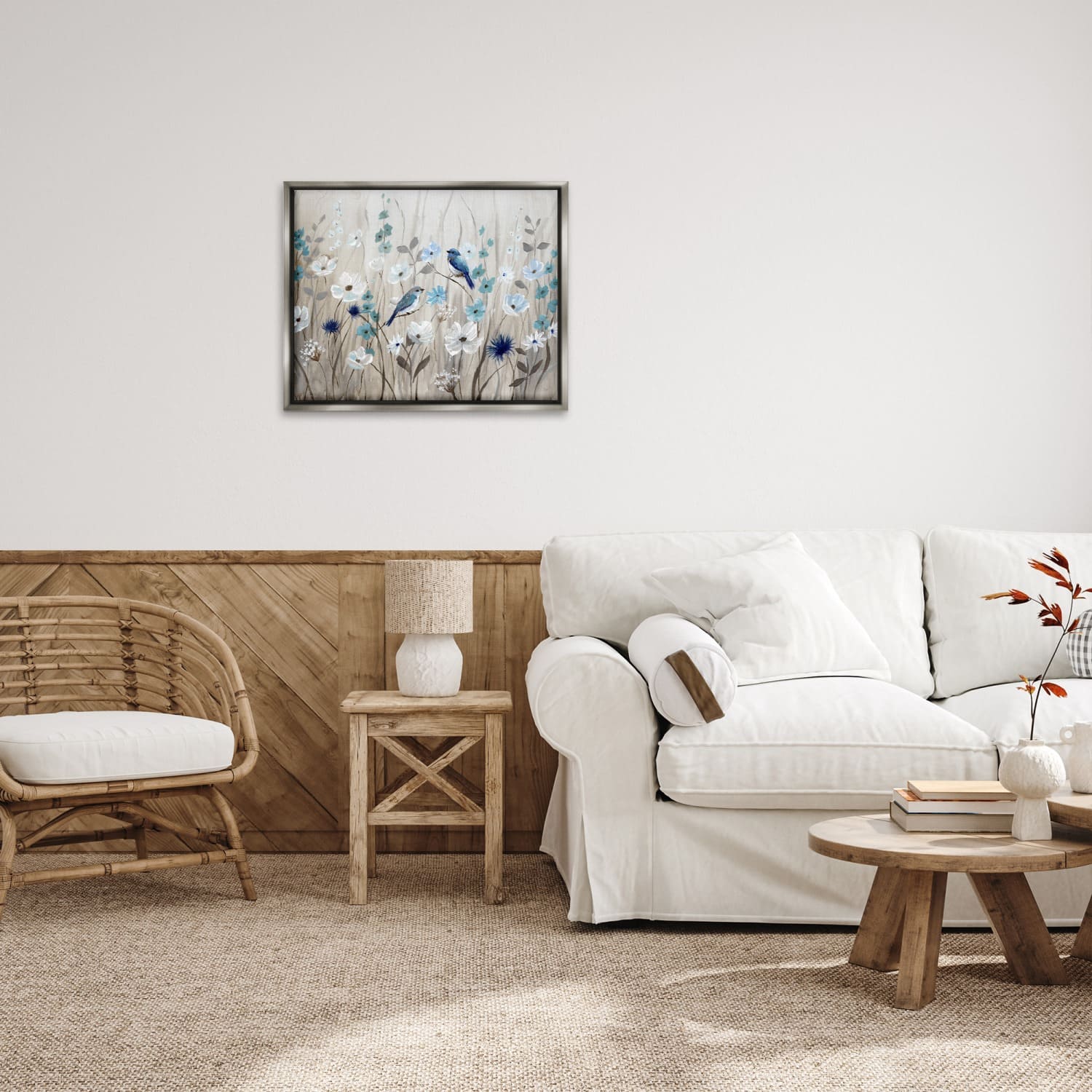 Stupell Industries Birds Floral Meadow Blossoms Floater Framed Art