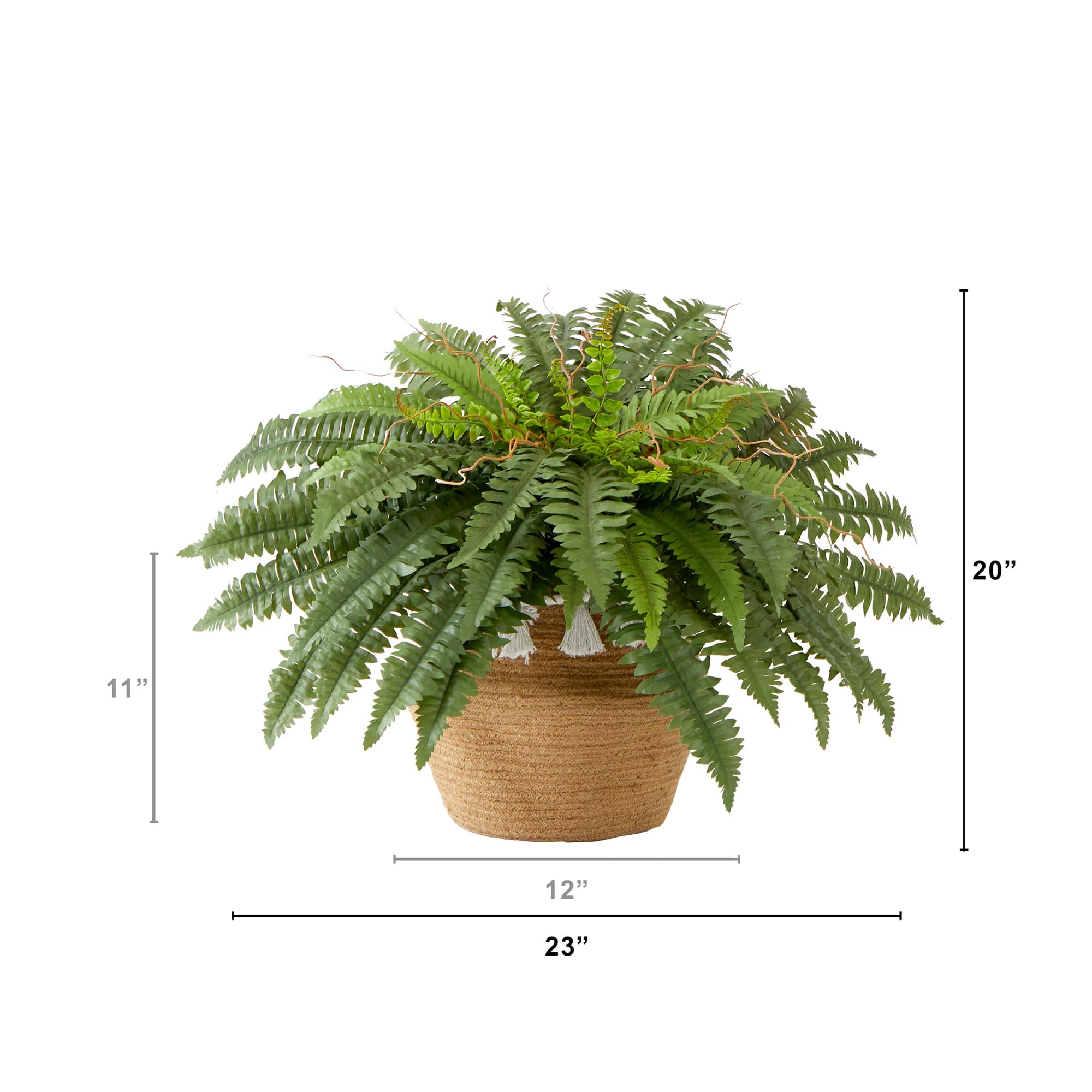 23&#x22; Artificial Boston Fern Plant in Handmade Jute &#x26; Cotton Basket with Tassels