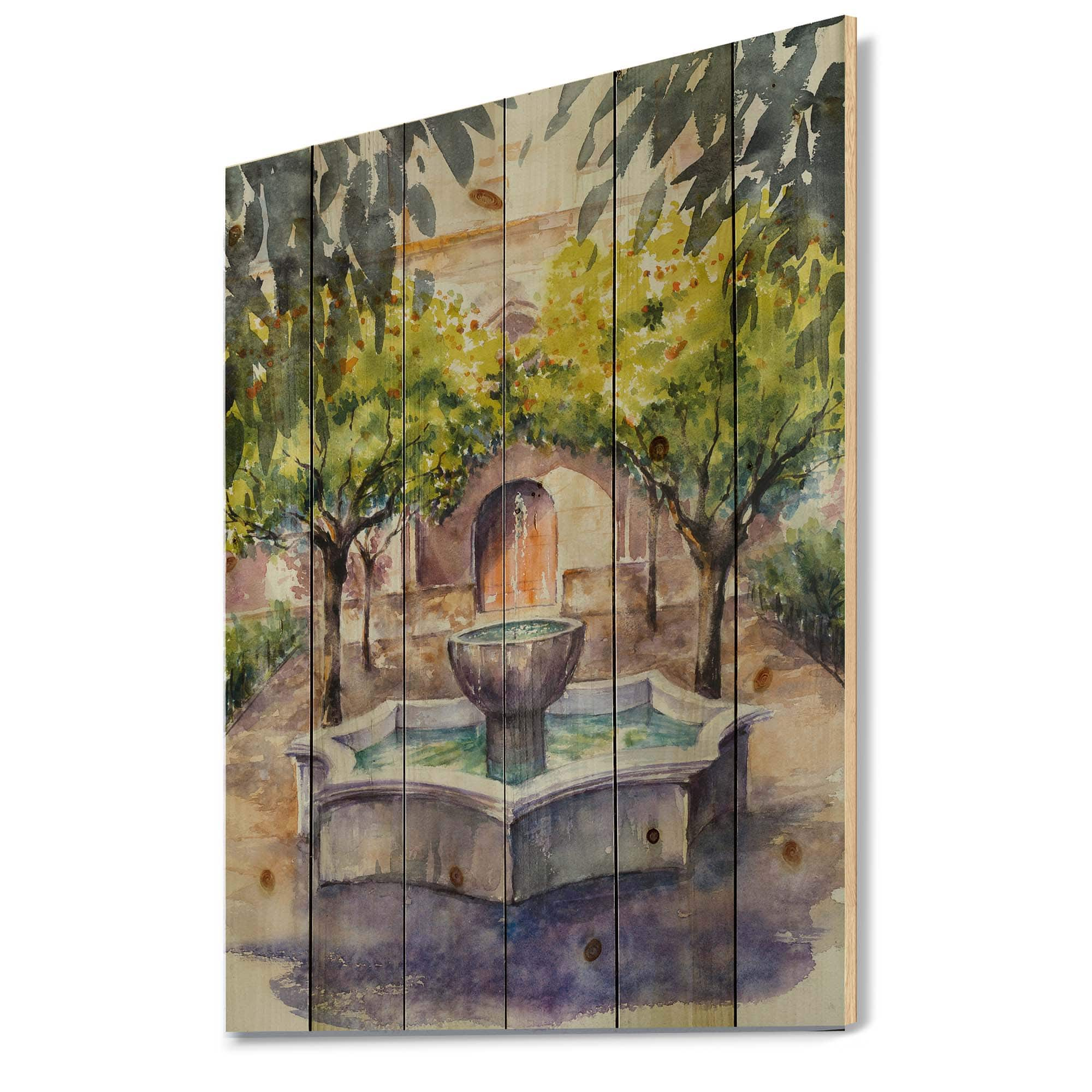 Designart - Small Fountain Picture With Trees In The Village - Country Print on Natural Pine Wood