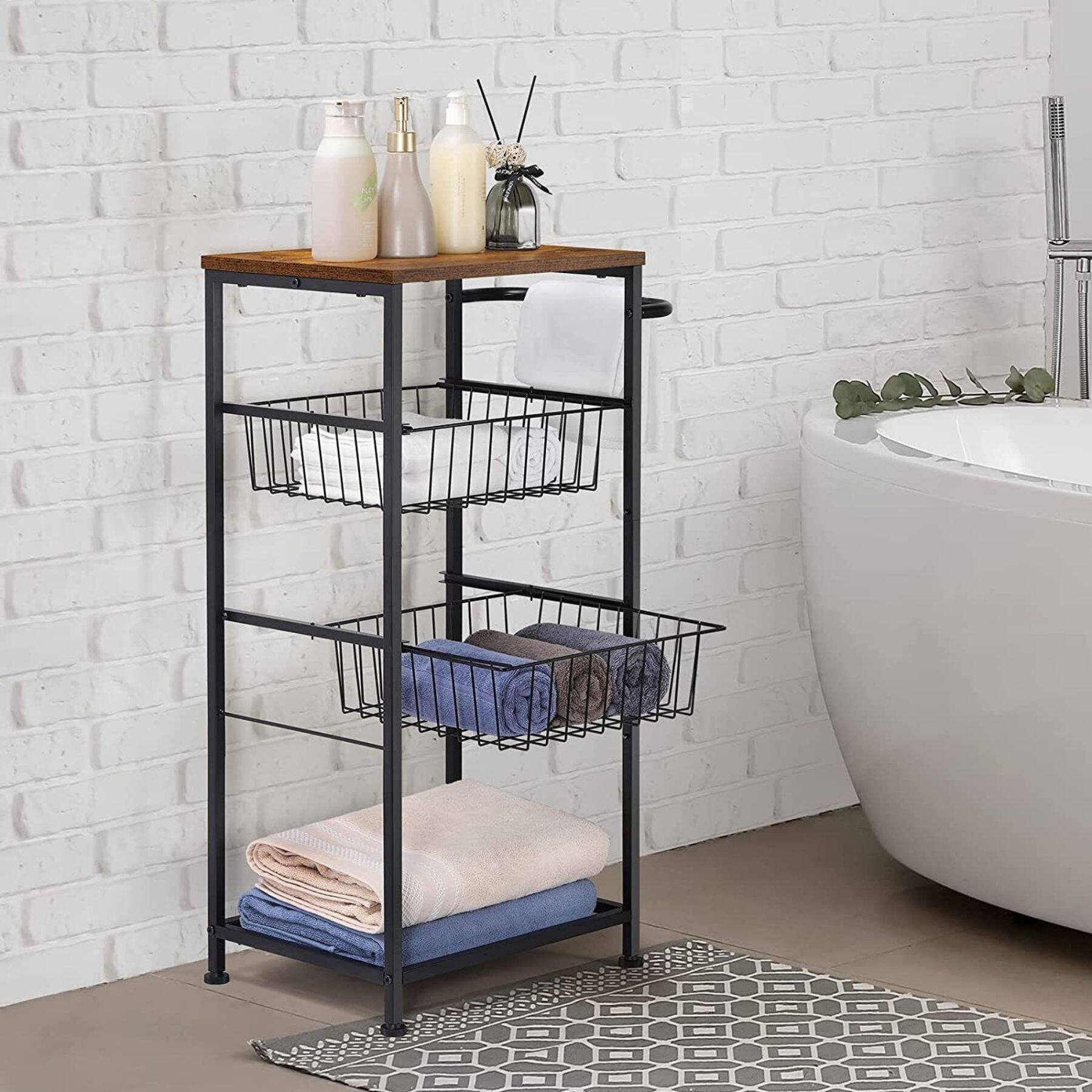 Black 4-Tier Rolling Cart with Storage Basket Shelf