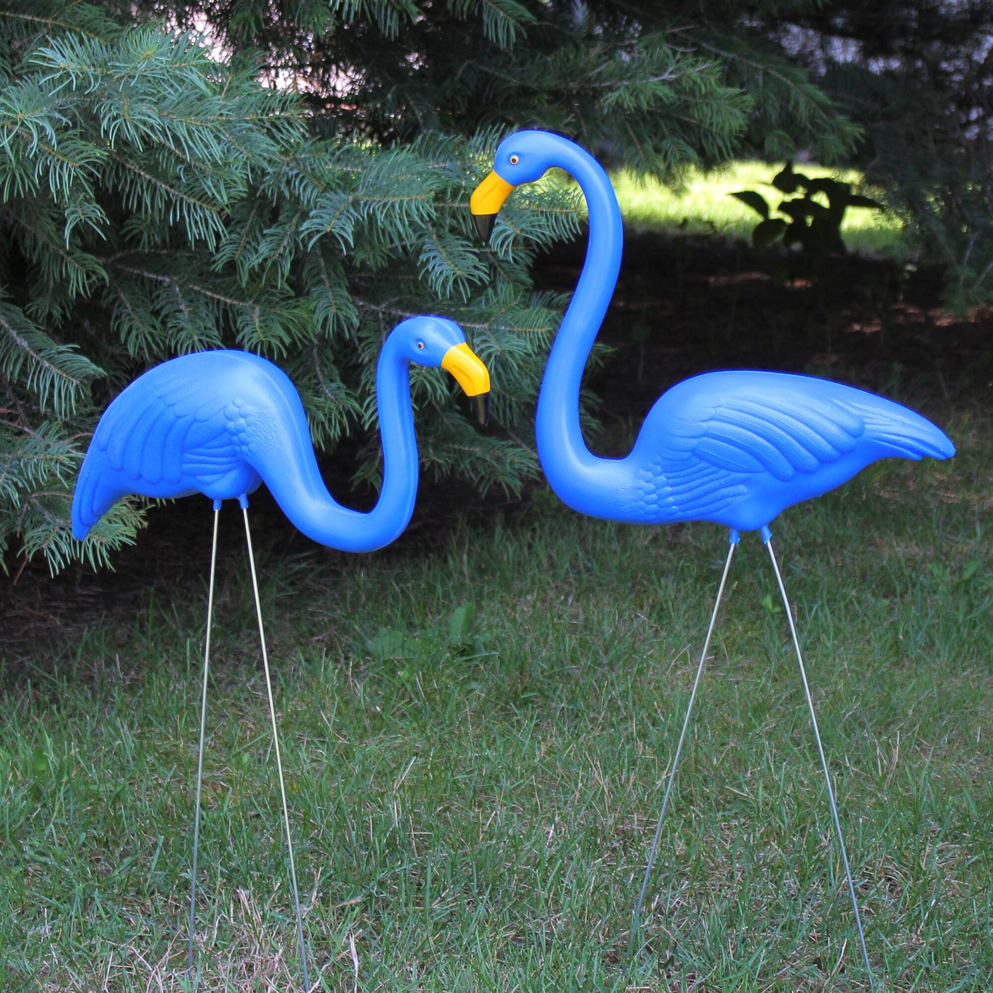 33" Blue Tropical Flamingo Outdoor Lawn Stakes Set