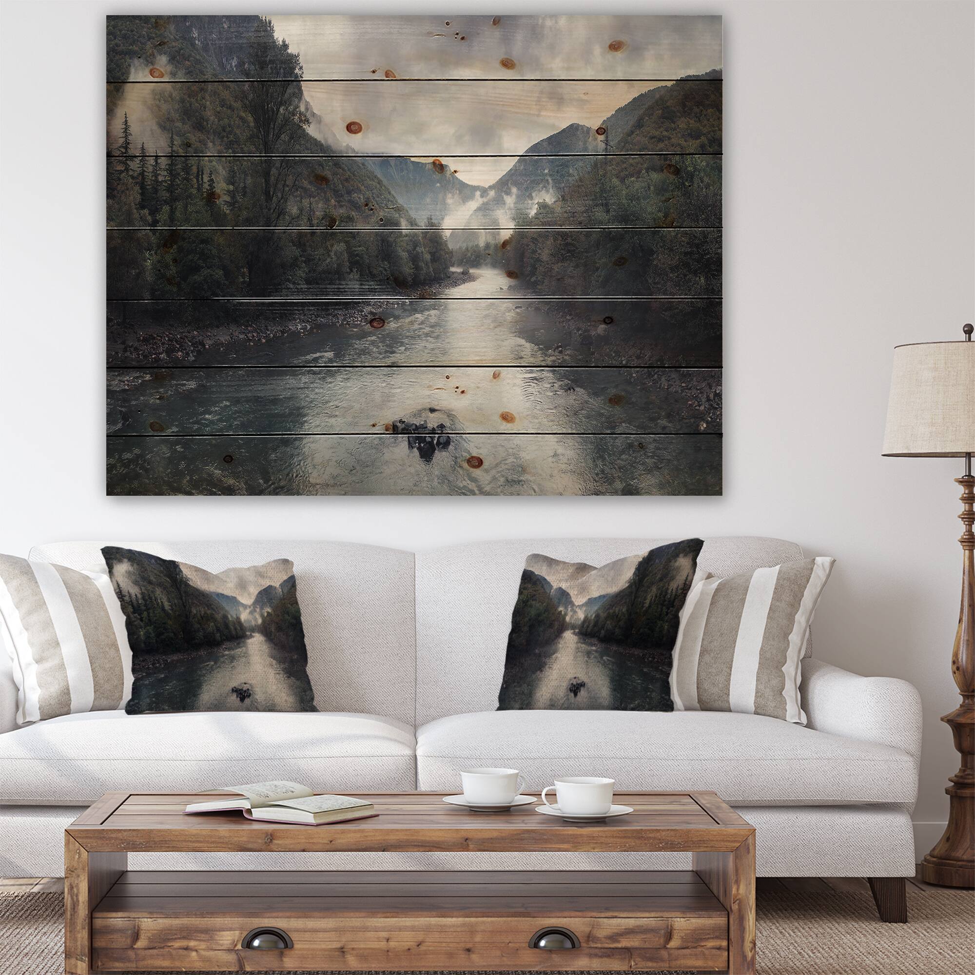 Designart - Mountain River with Fog and Rain