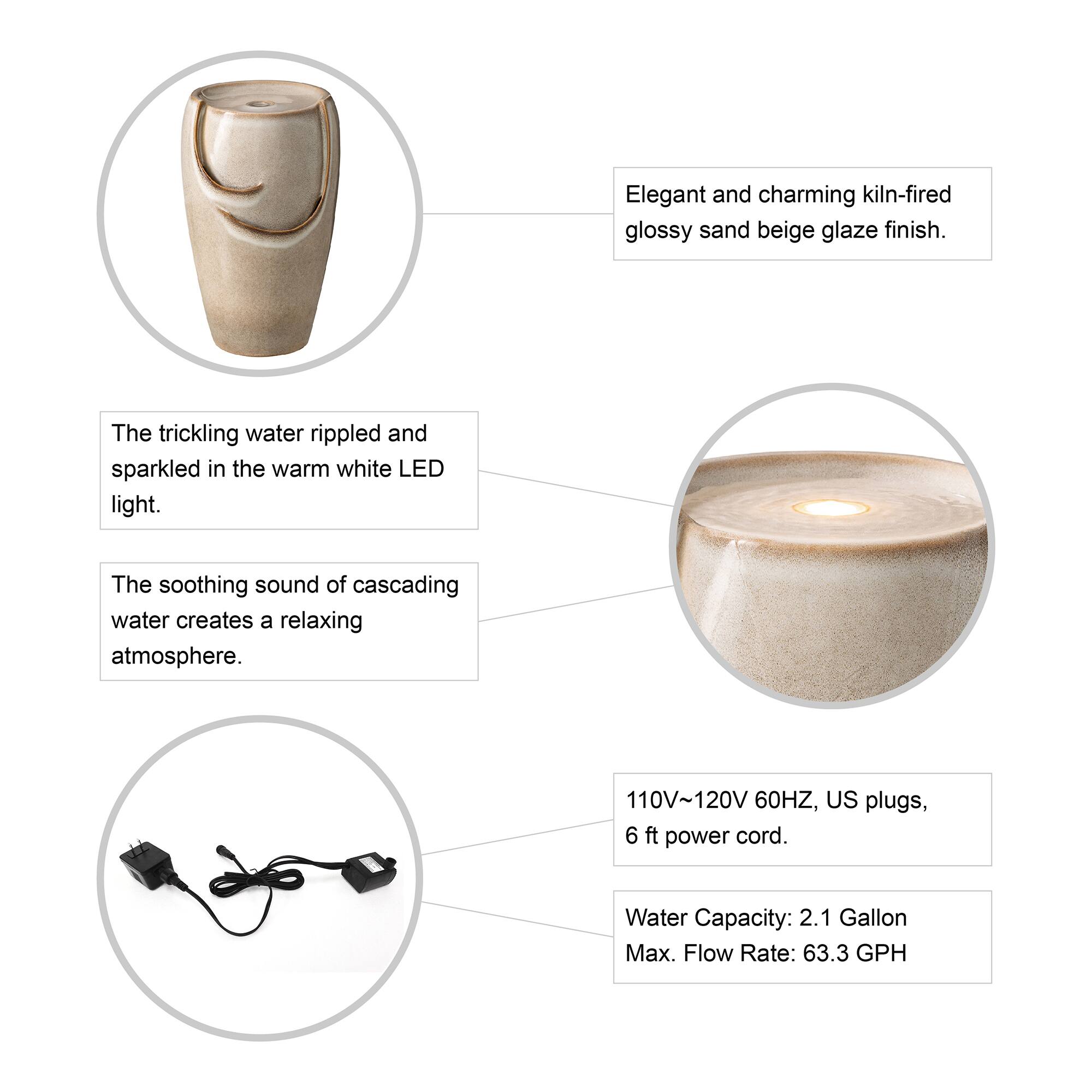 Glitzhome® 21" Sand Beige LED Ceramic Fountain