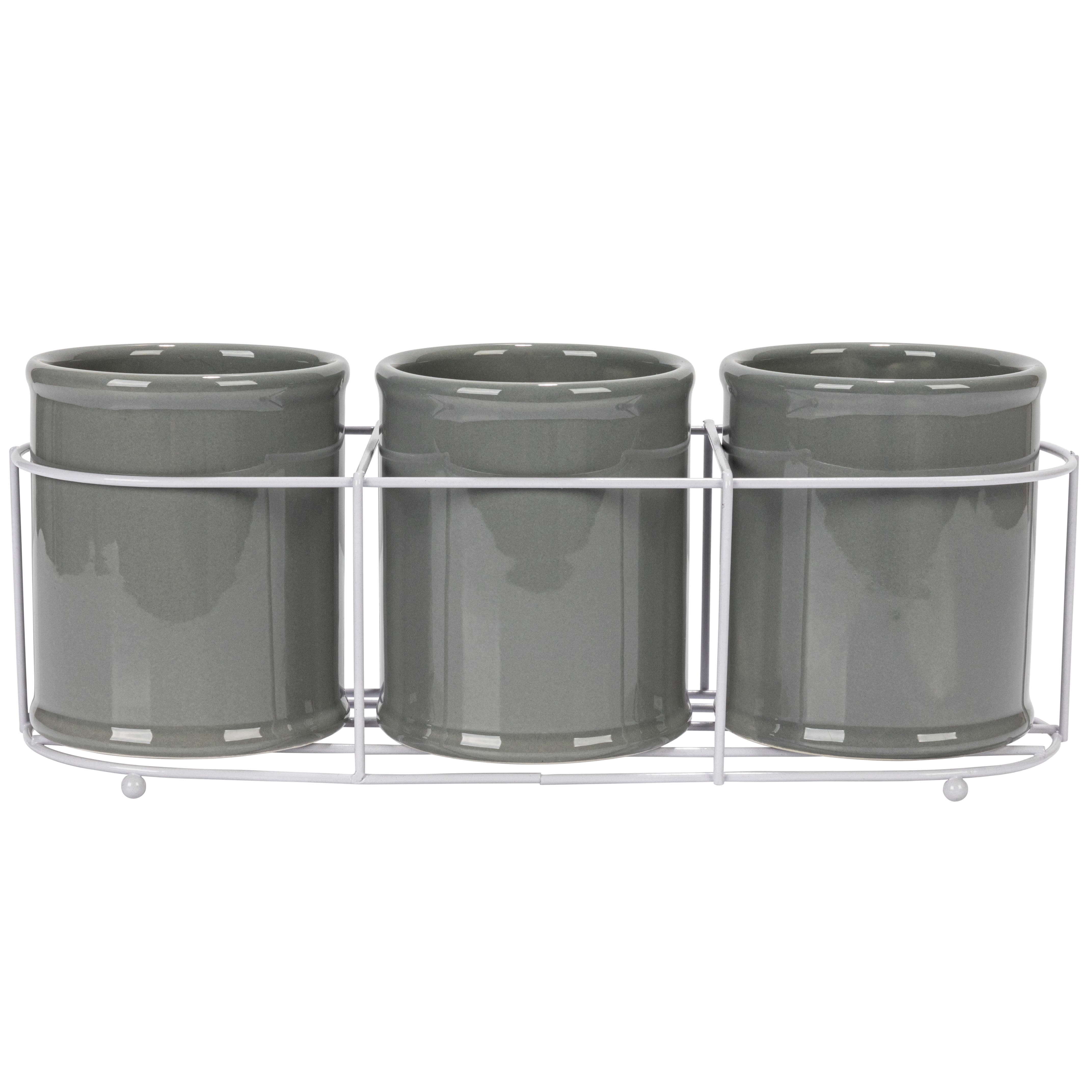 Hello Honey&#xAE; 11.5&#x22; Gray Farmhouse Ceramic Crocks in White Metal Holder