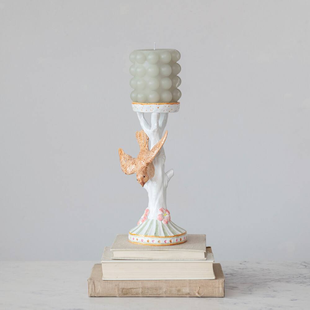 Multicolor Bird &#x26; Tree Pillar Candle Holder