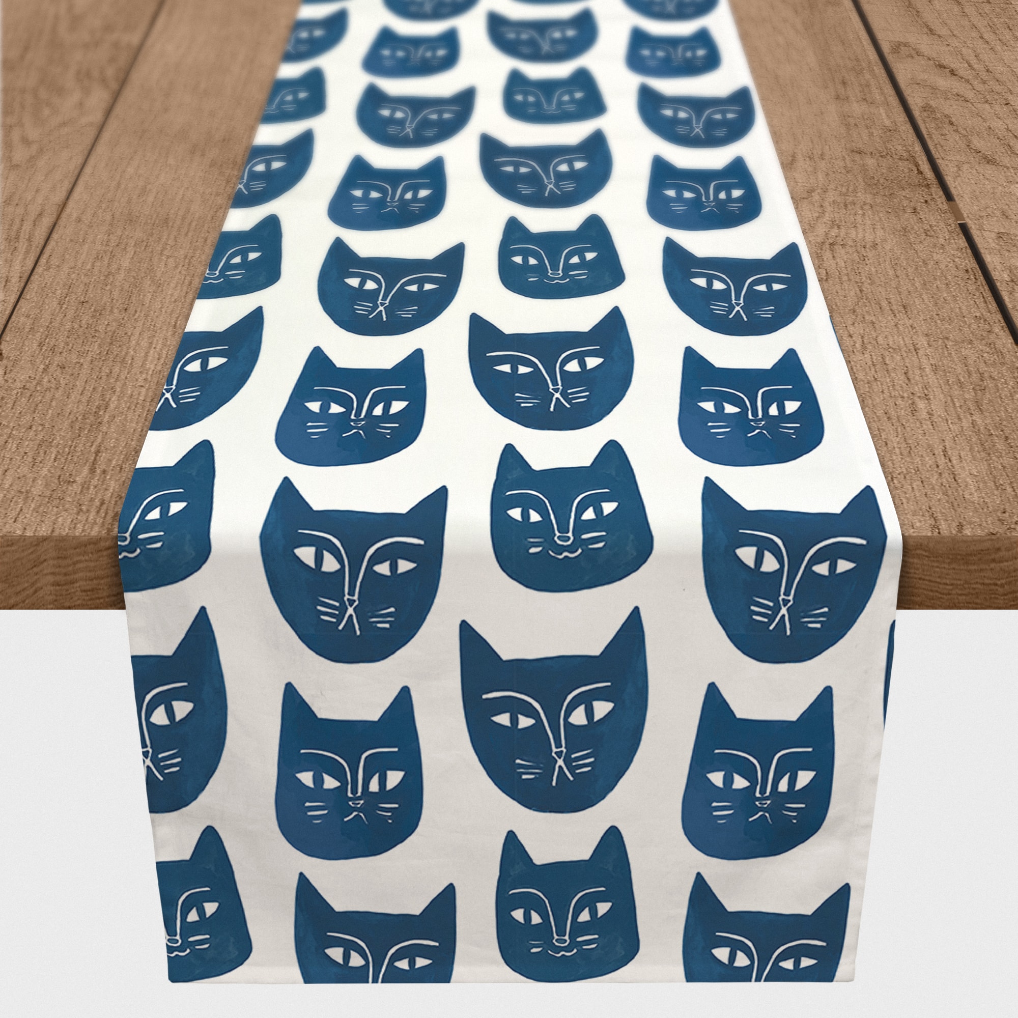 Blue Cat Face Pattern 16&#x22; x 72&#x22; Cotton Twill Runner