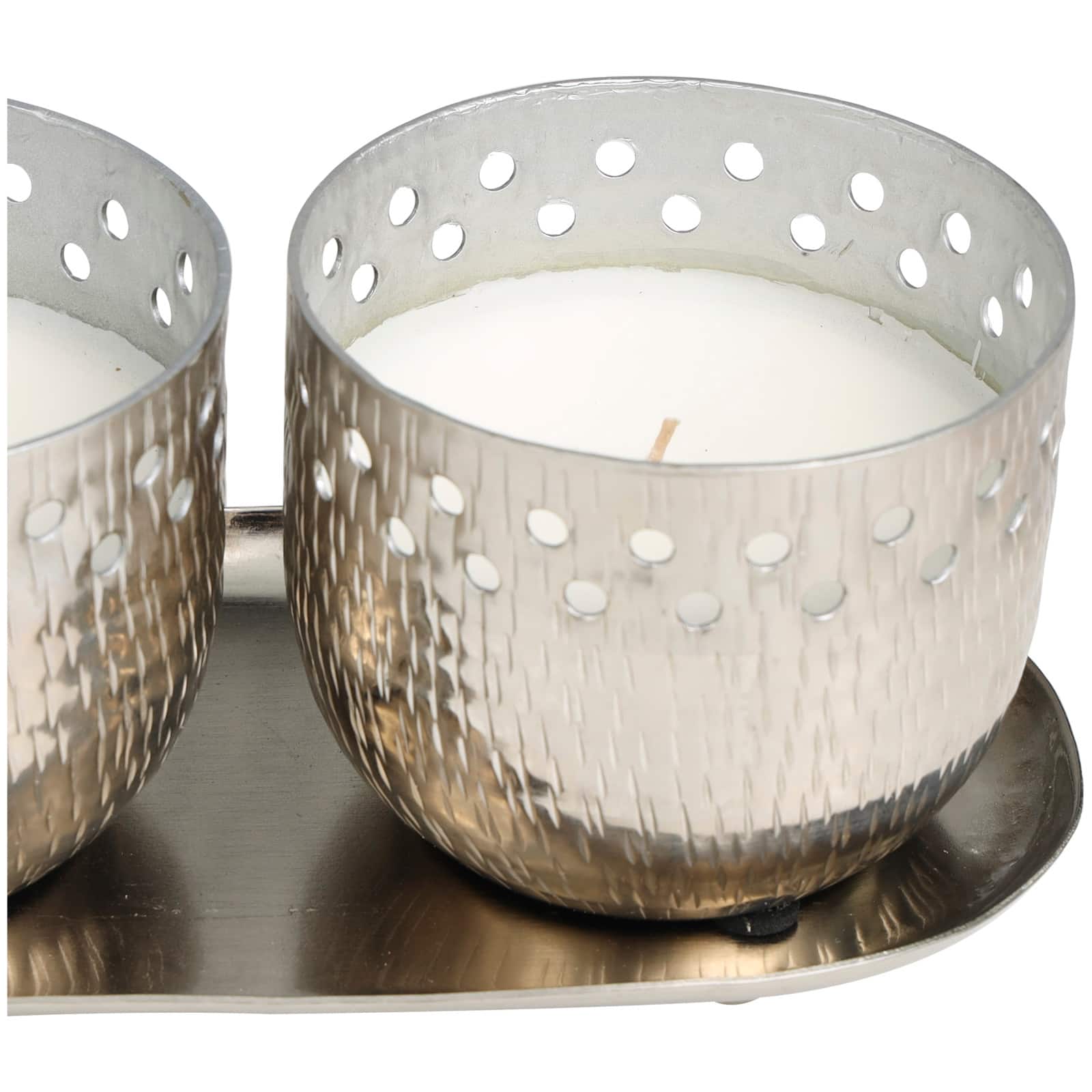 White Wax Vanilla Marshmallow Scented Candle Set with Cutout Spotted Silver Container and Oval Holding Tray