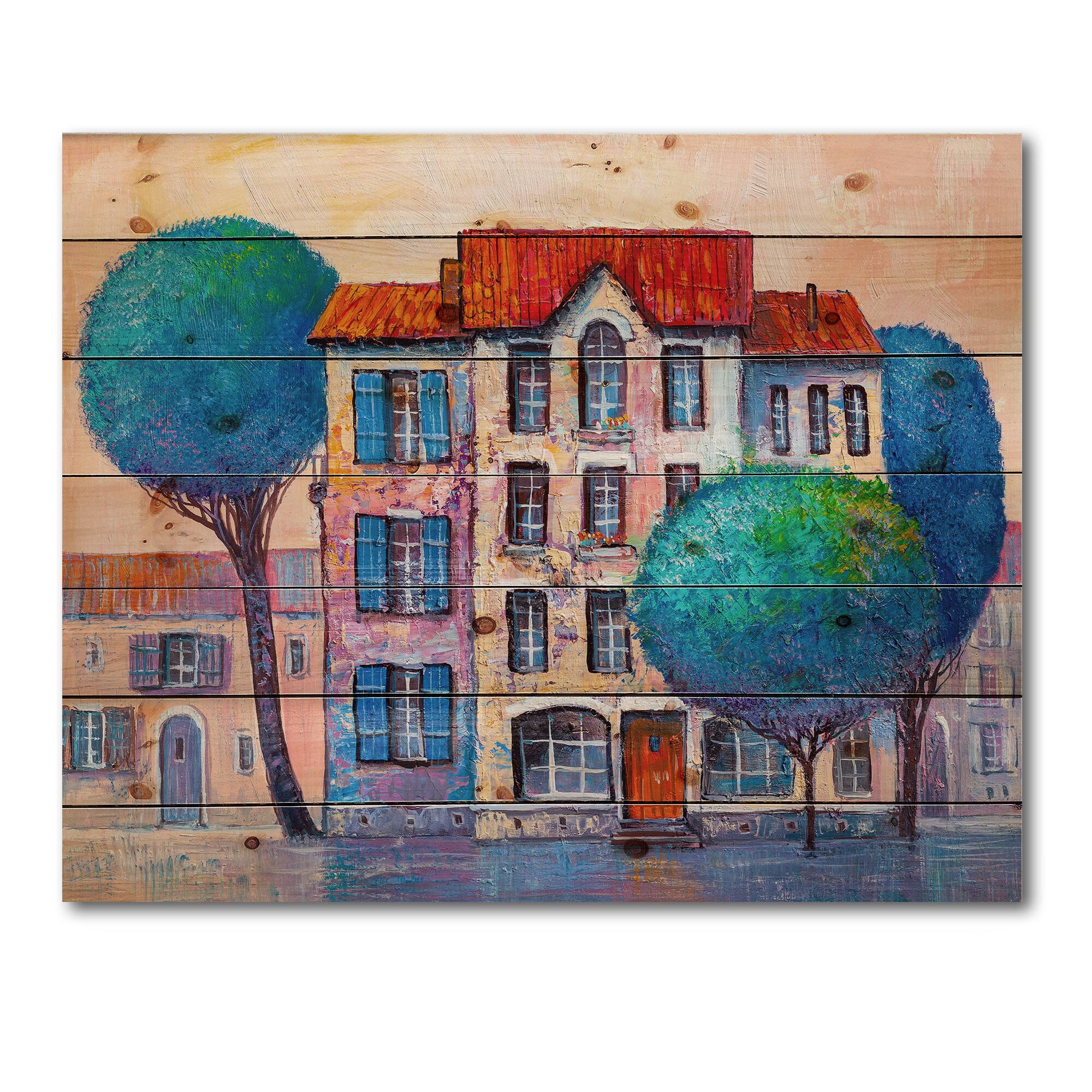 Designart - House With Red Roof and Colorful Autumn Trees - Modern Print on Natural Pine Wood