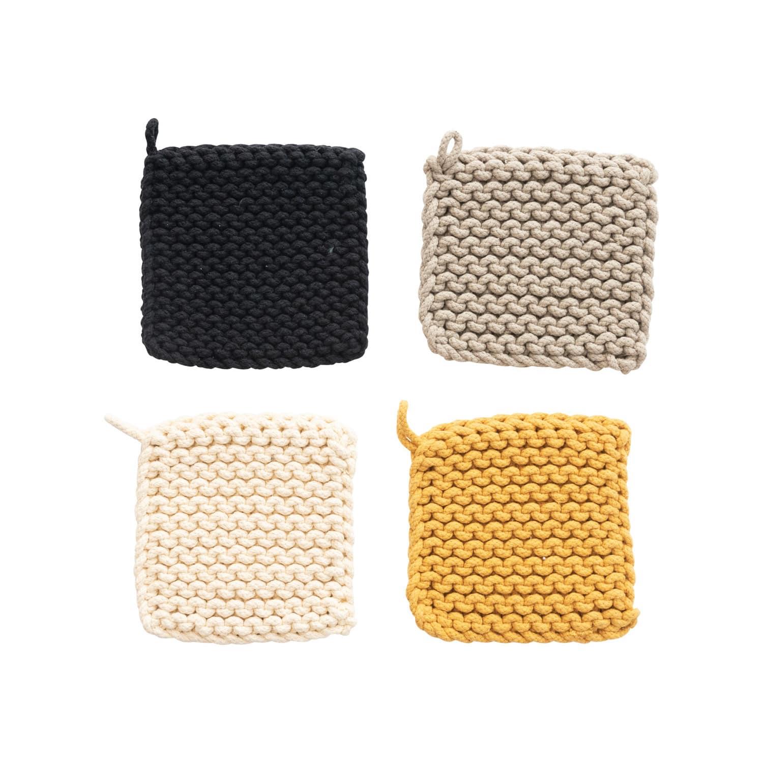 Hello Honey&#xAE; 8&#x22; Black, Gray, Cream &#x26; Yellow Square Cotton Crocheted Pot Holder Set