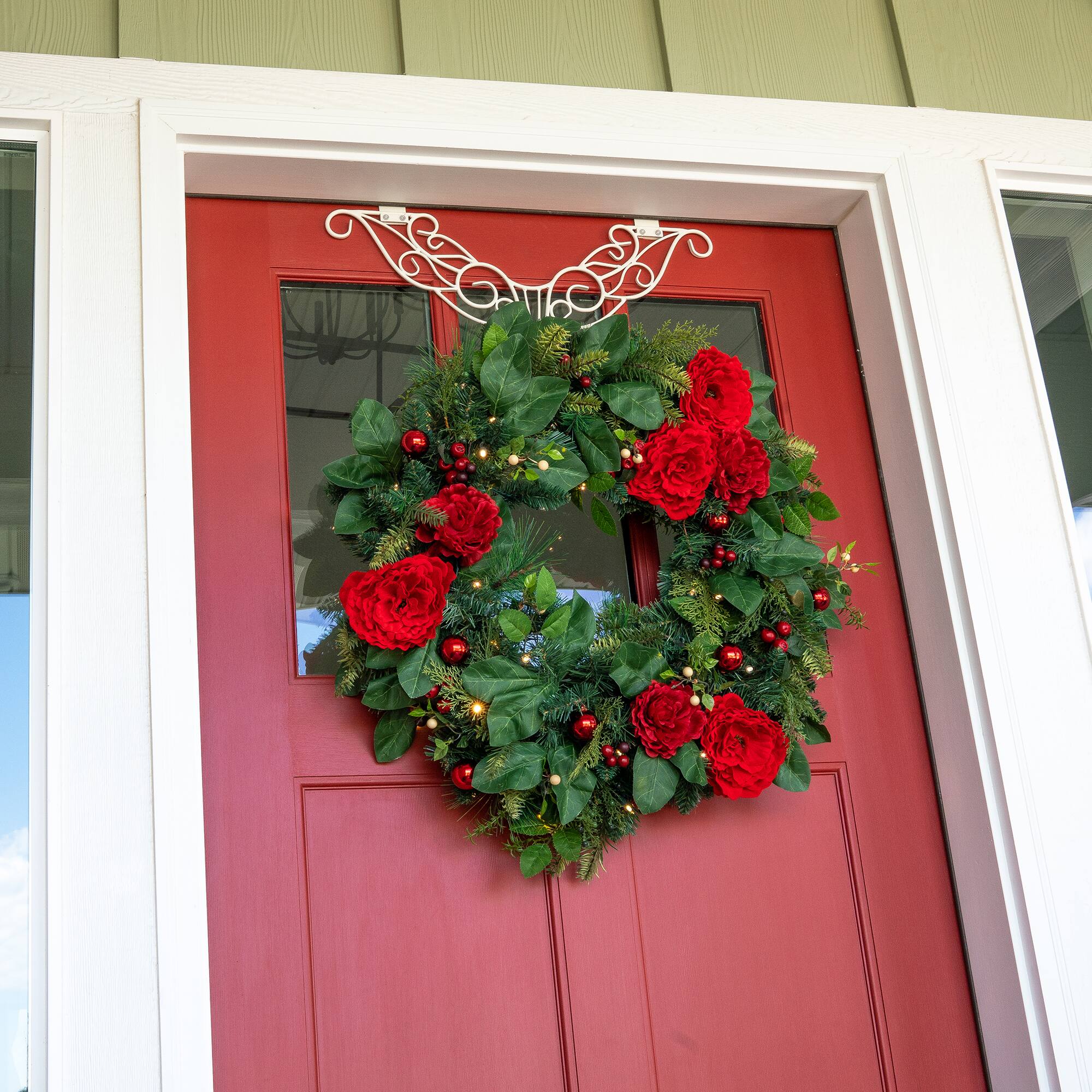 Village Lighting 30" LED Red Peonies & Berry Wreath