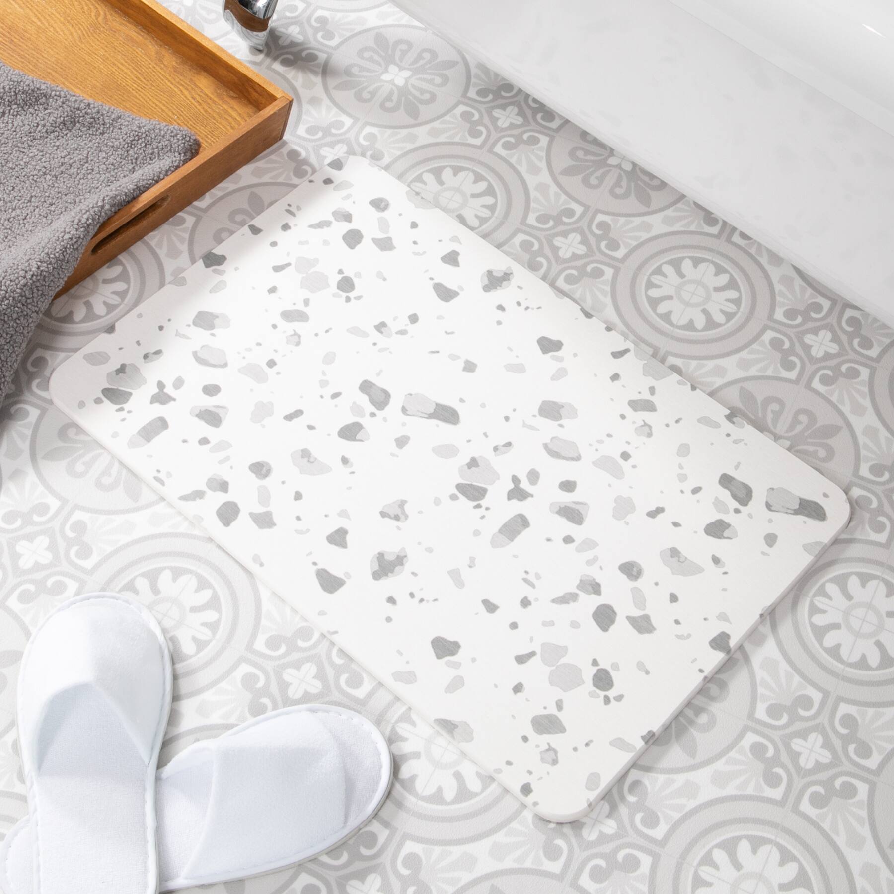 Artsy Mats Gray Terrazzo White Stone Non-Slip Bath Mat