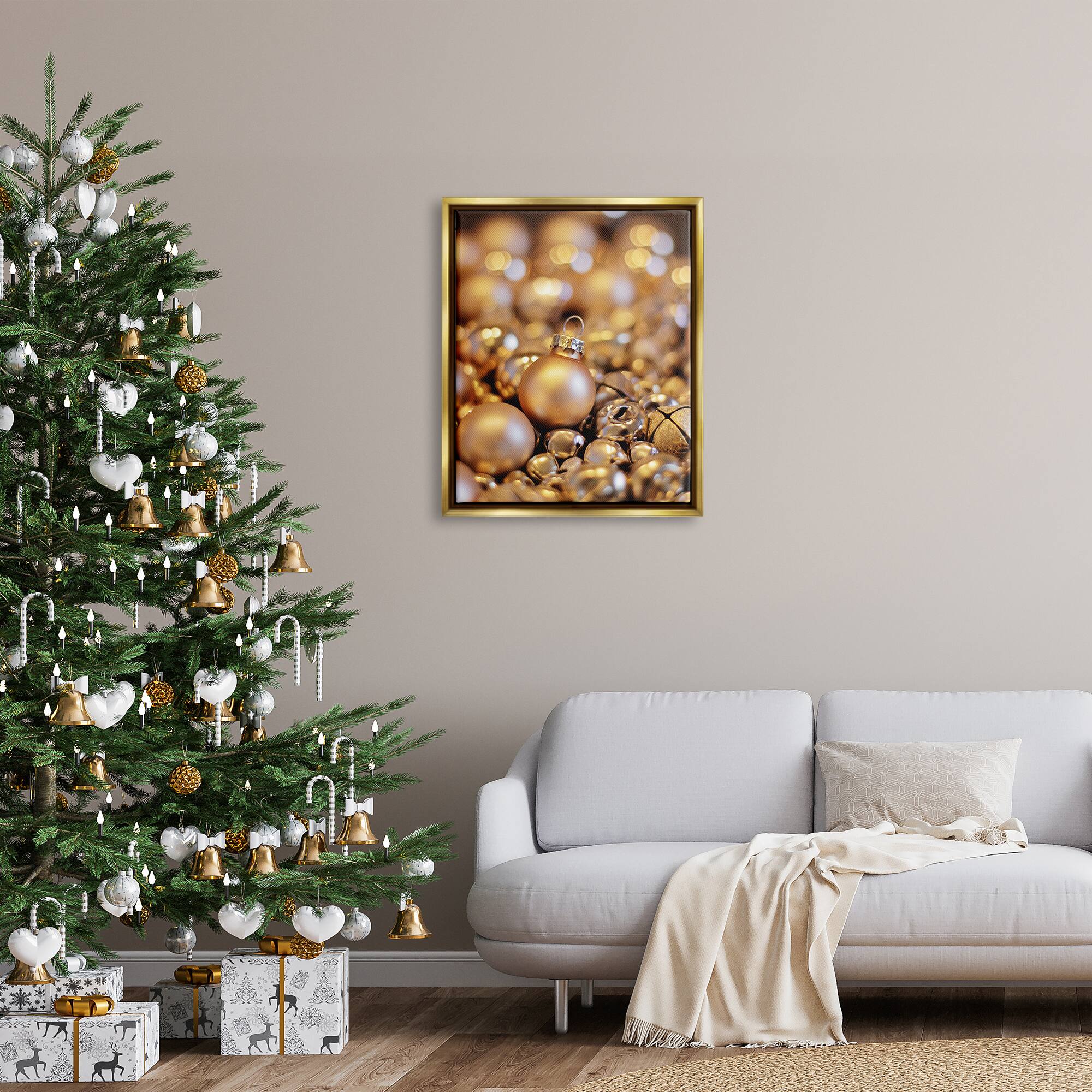 Stupell Industries Gleaming Christmas Ornaments Bells Framed Floater Canvas Wall Art