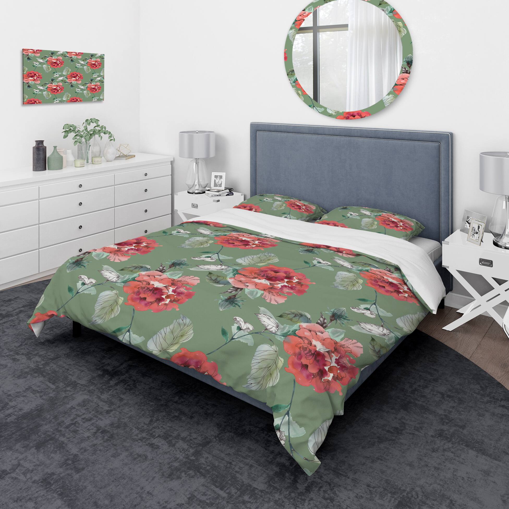 Designart 'Red Flowers in Green Background' Traditional Bedding Set