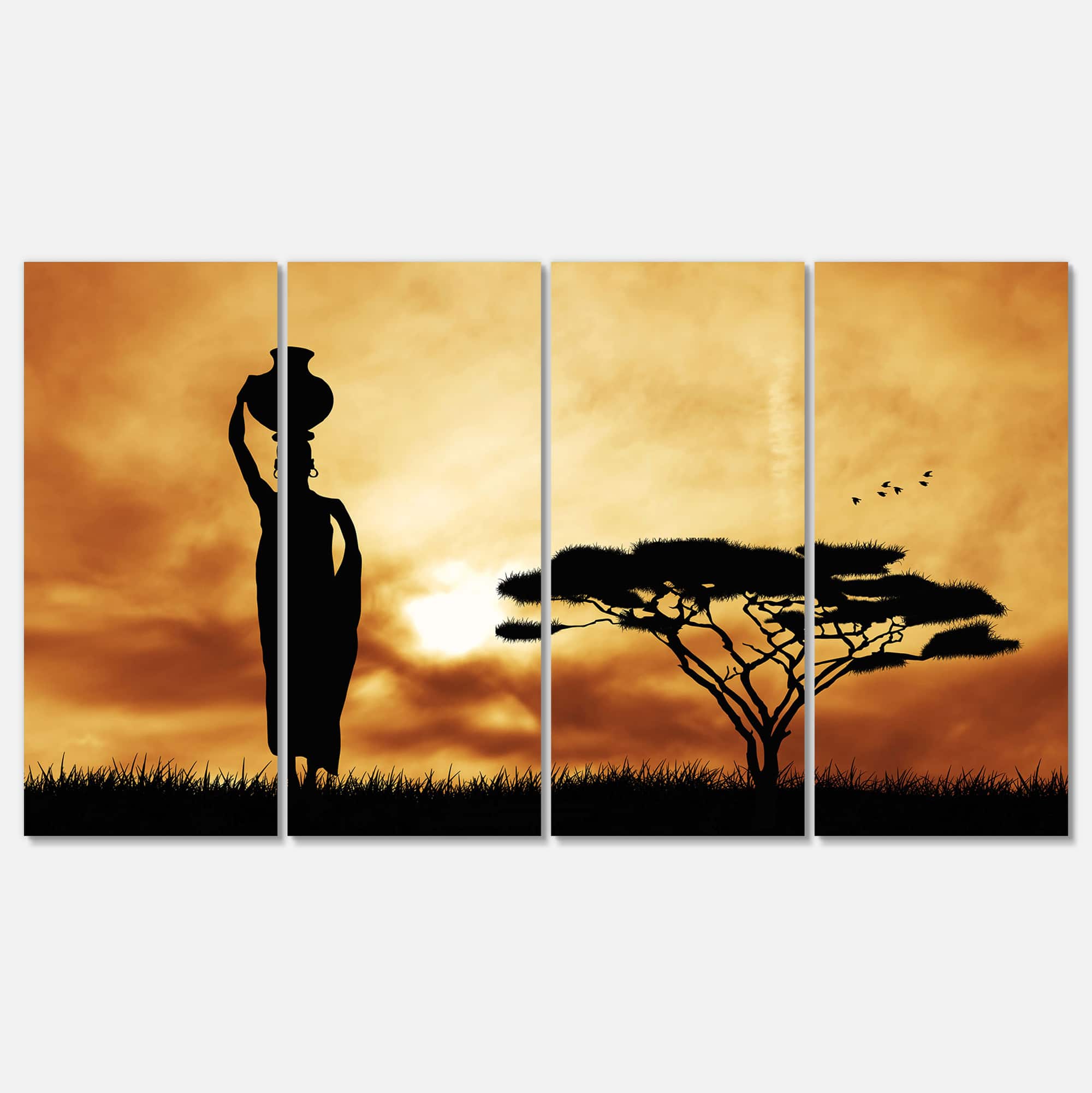 Designart - African Woman and Lonely Tree - African Landscape Canvas Art Print