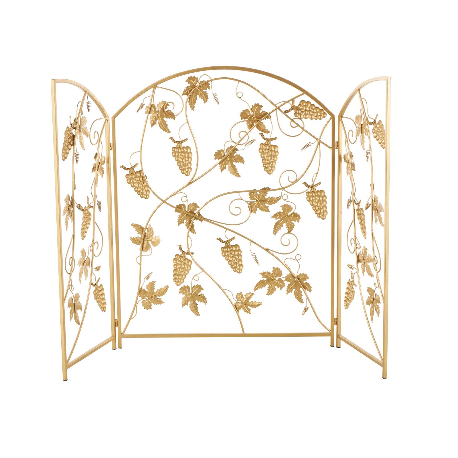 36" Gold Metal Fruit Foldable 3-Panel Fireplace Screen with Leaf Accents