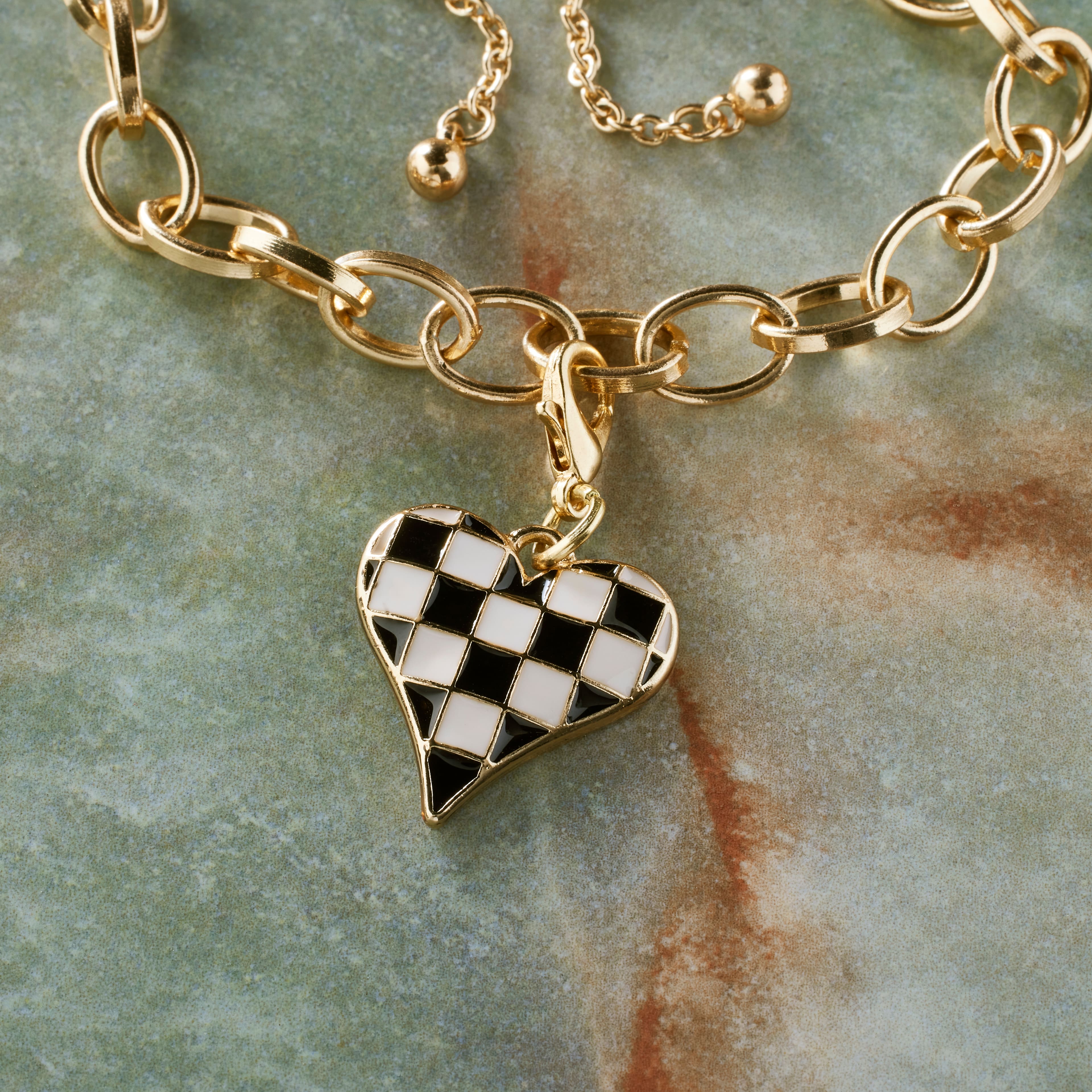 12 Pack: Black & White Checker Heart Charm by Bead Landing™
